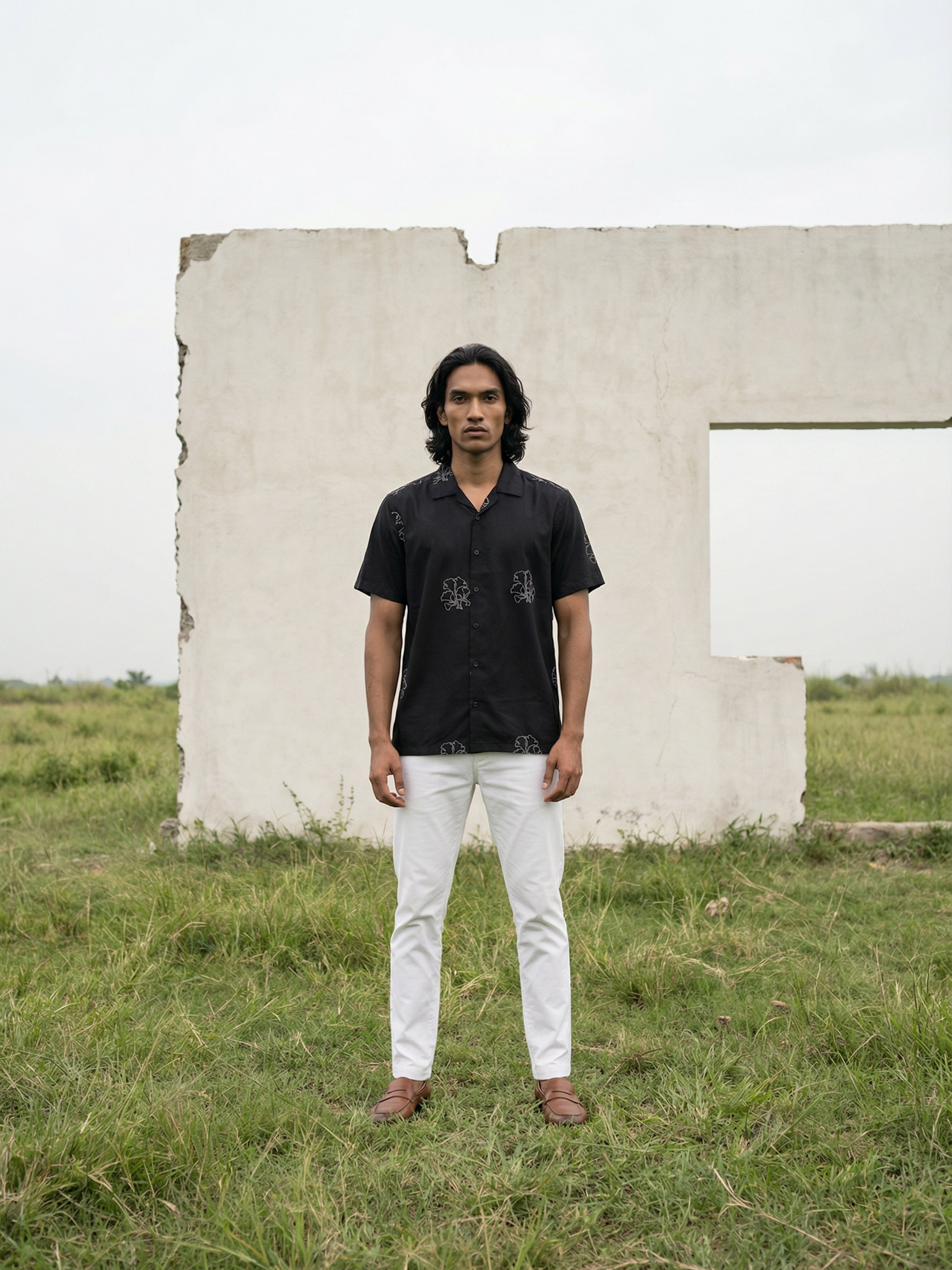 Black Fazyo Cuban Collar Fit Mens Shirt In Imported Emboridery Fabric