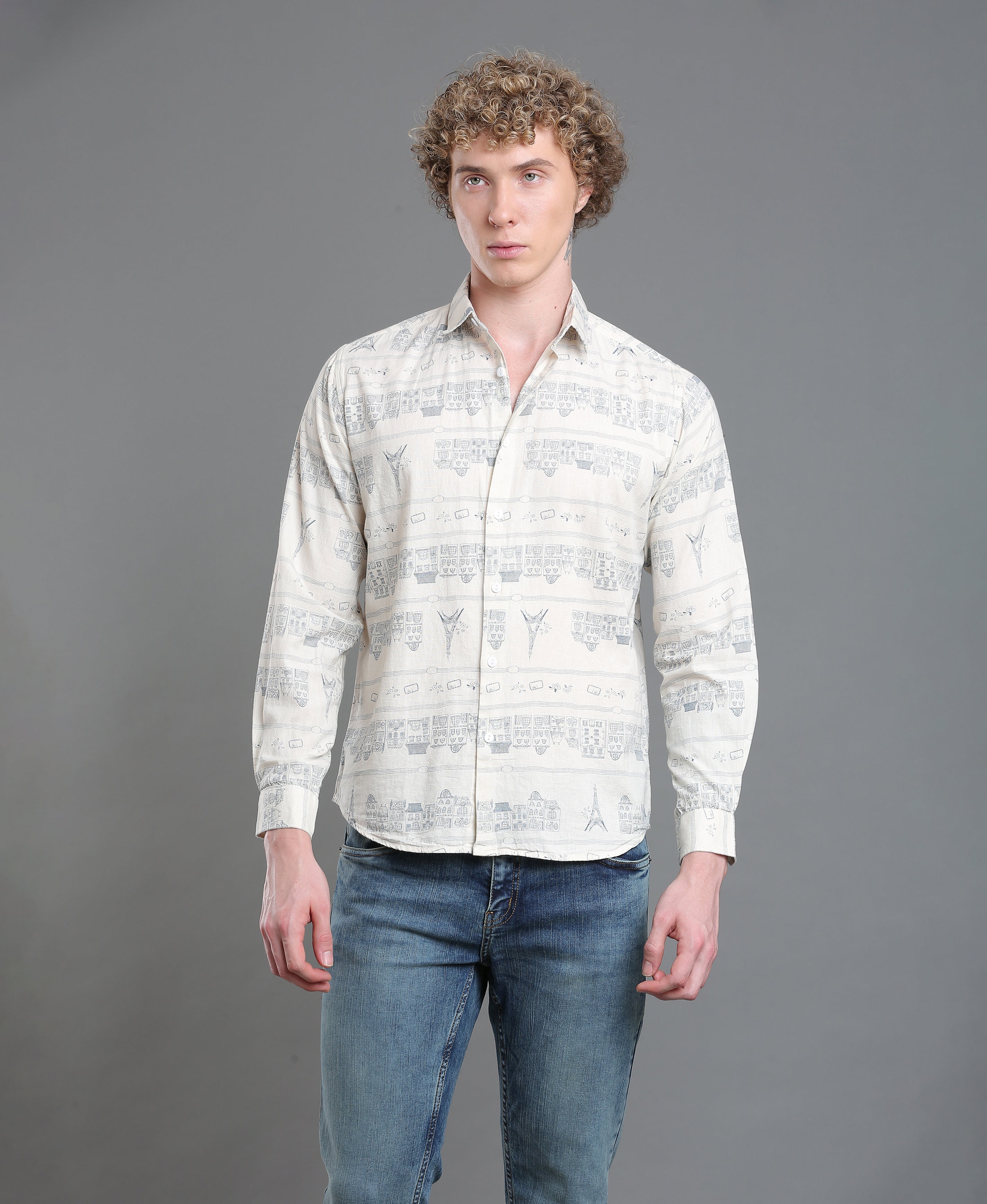 Ivory Linen Print Slim Shirt
