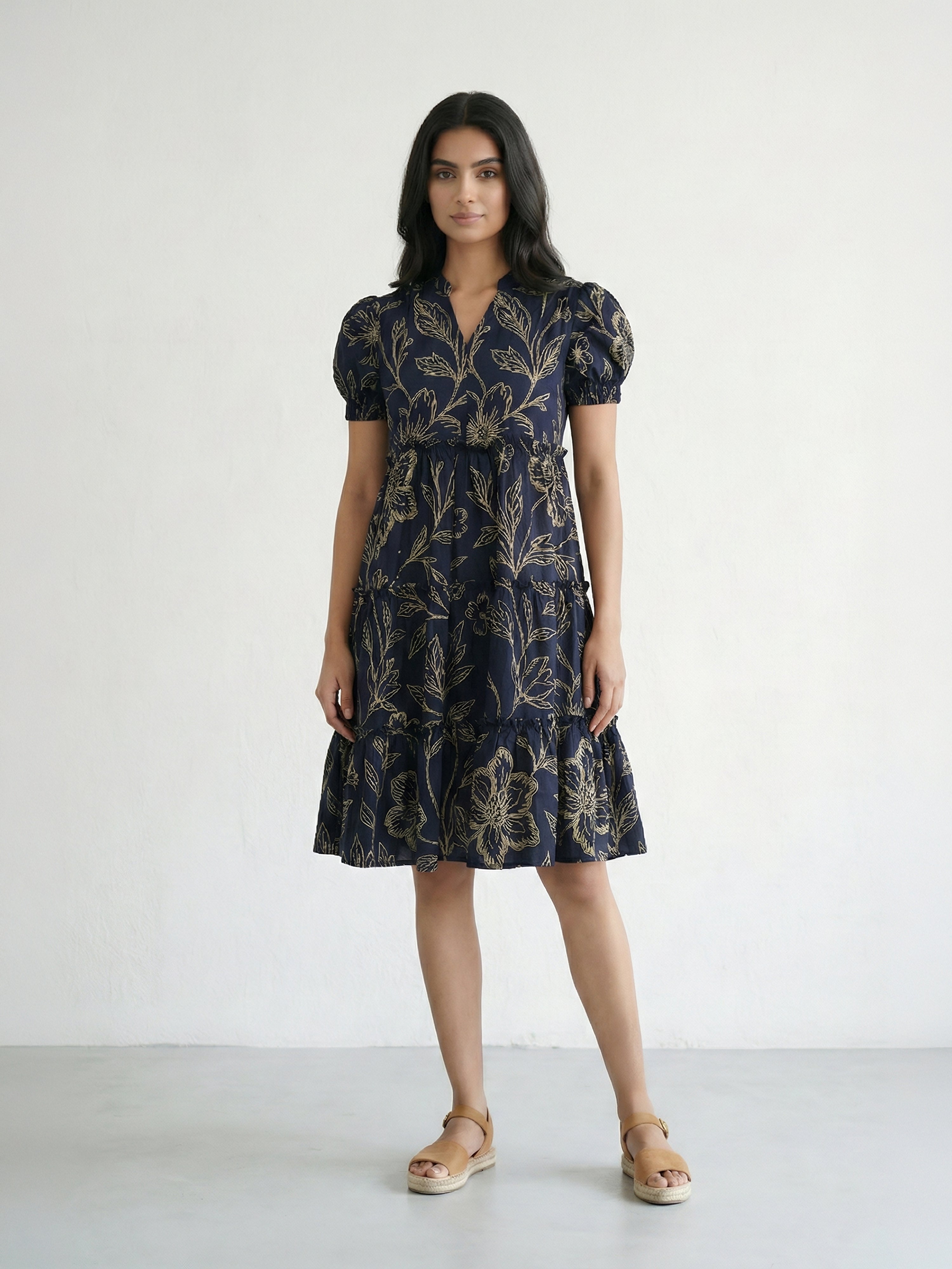 Navy Blue Cotton Collar Neck Half Sleeve Dresses For Female