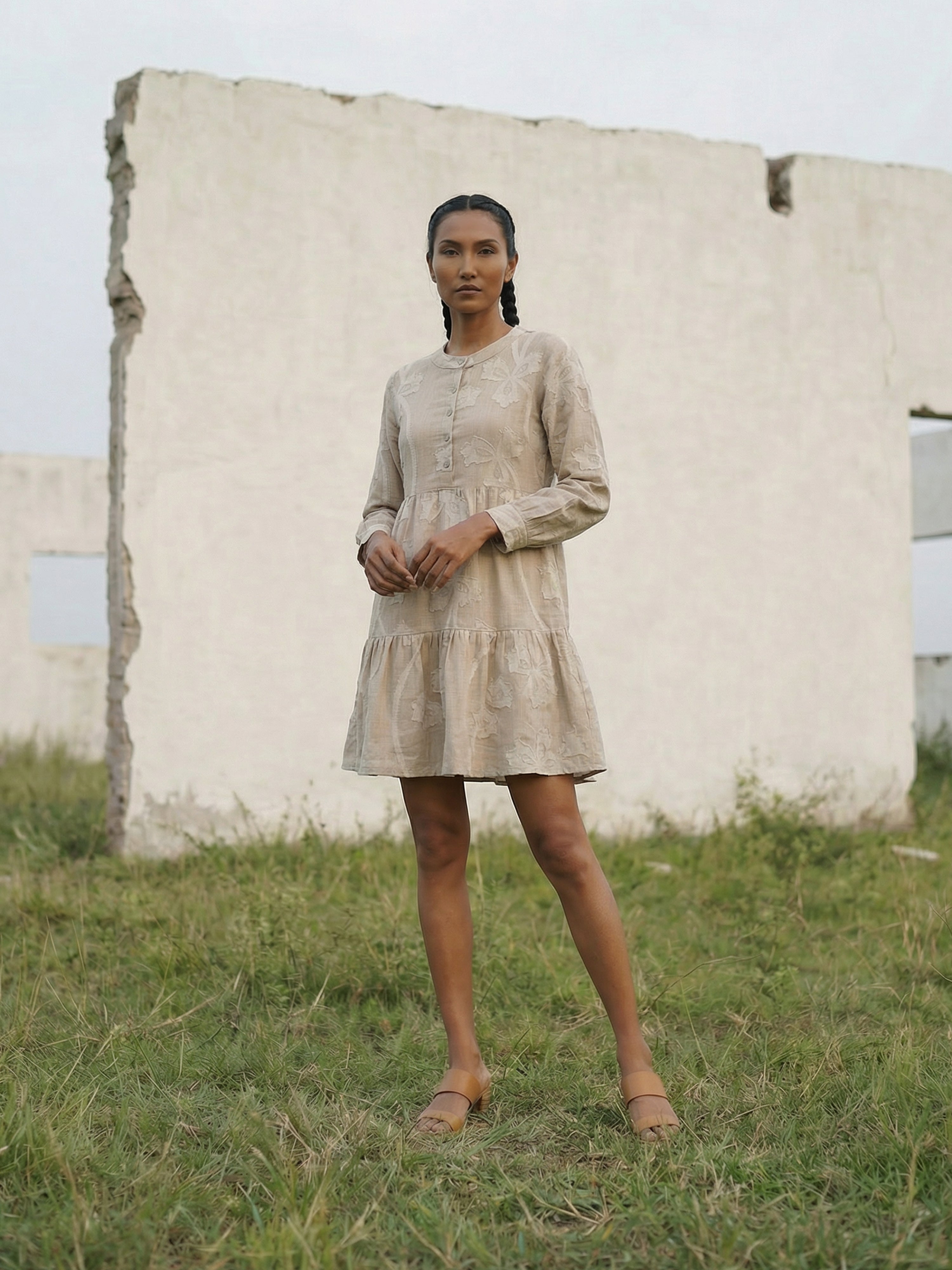 Beige Imp Round Three Fourth Dresses For Female