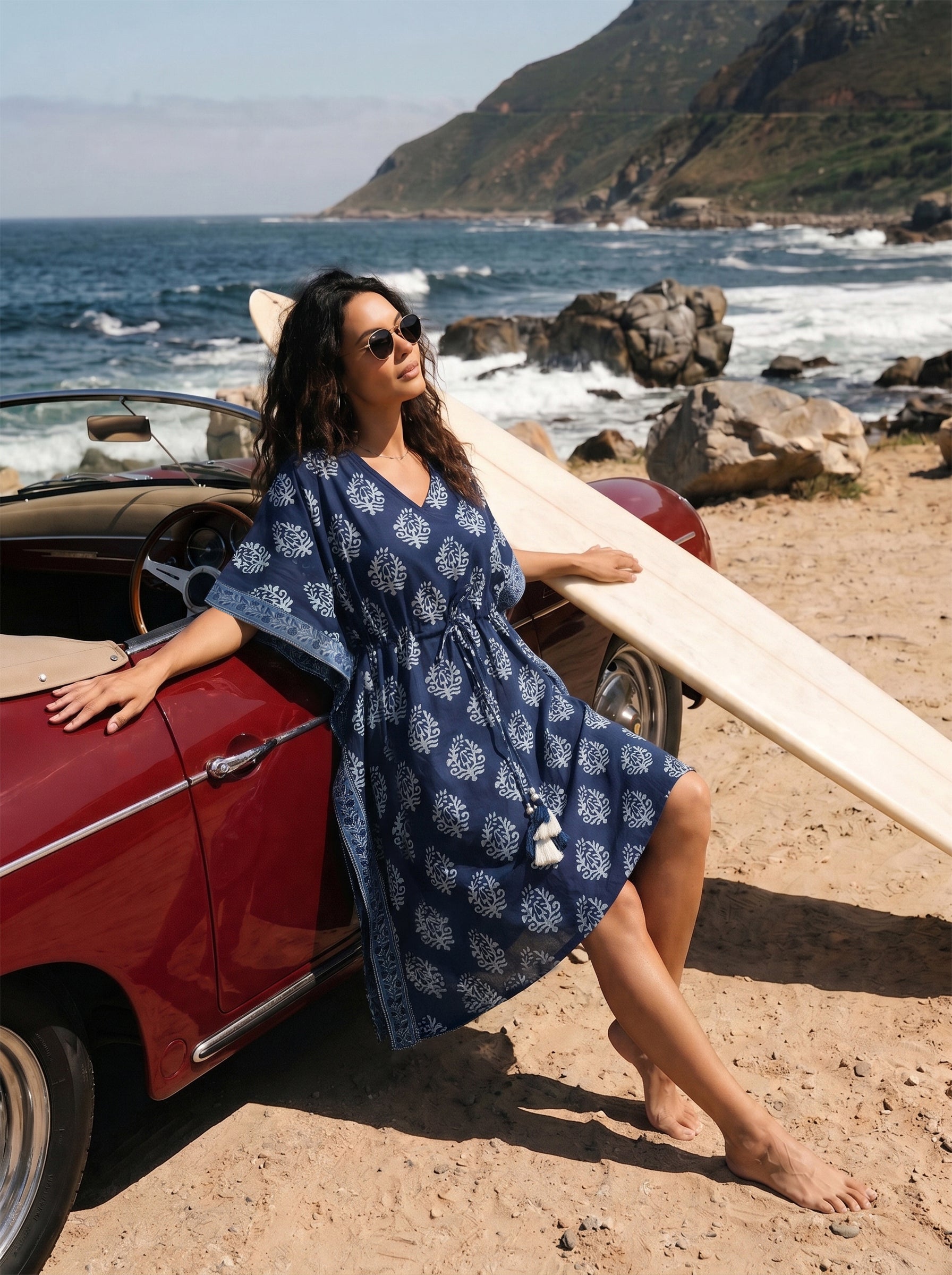Women's Cambric Cotton Indigo V Neck Sleeveless Kaftan