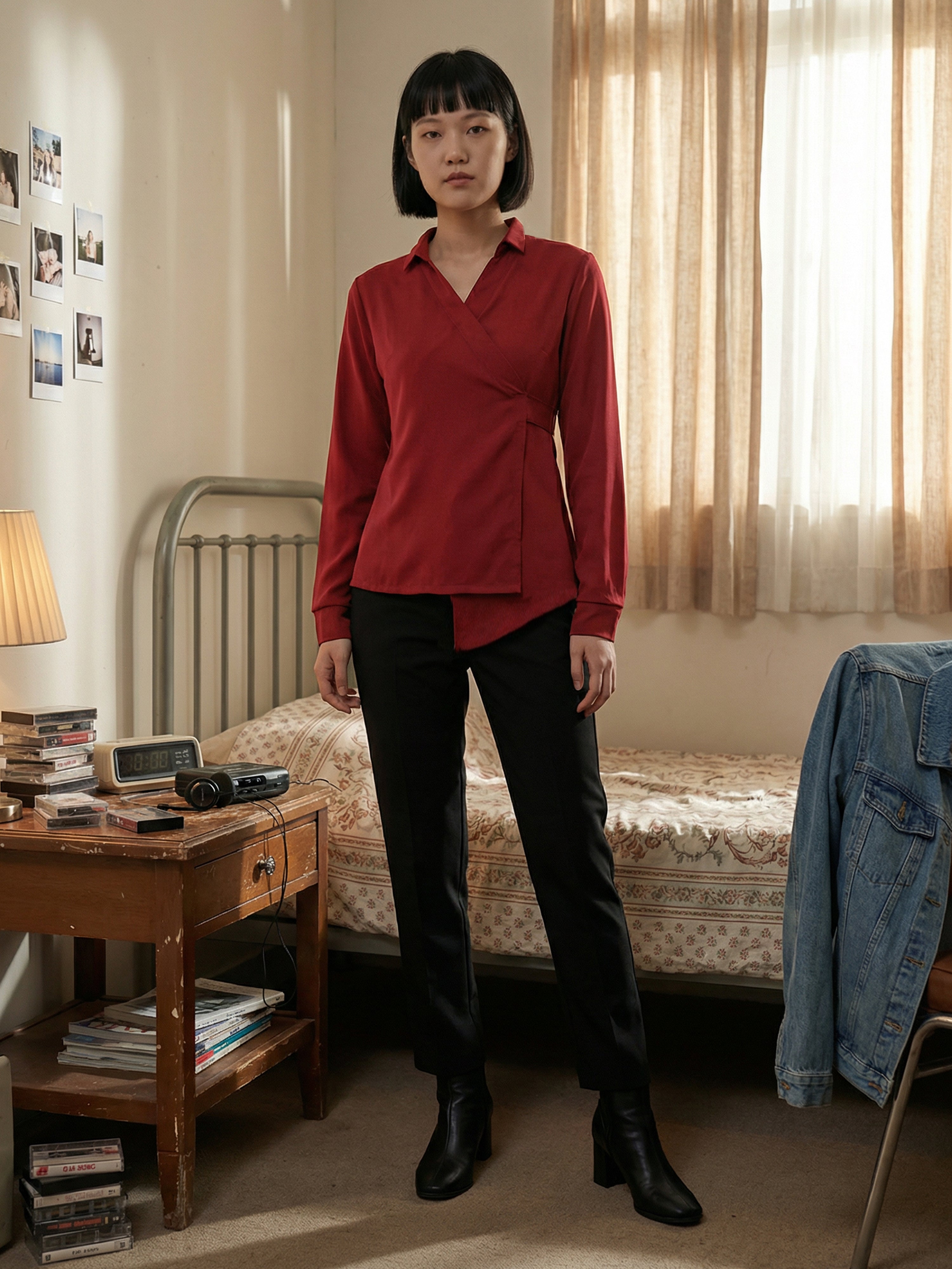 Women's Equestrian Red Rayon  Top with Flat Collar Neck