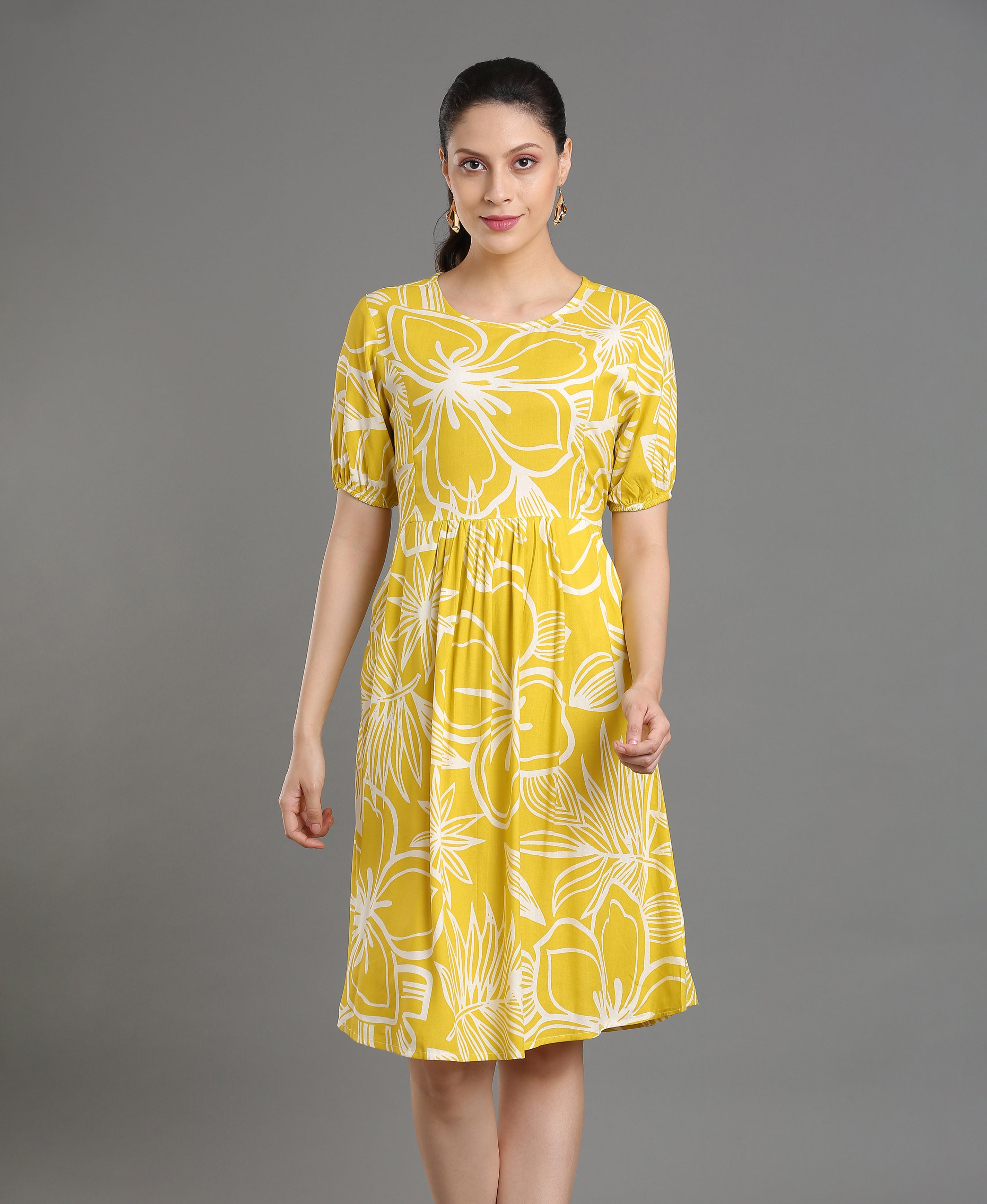 Yellow Bloom Viscose Flare Dress