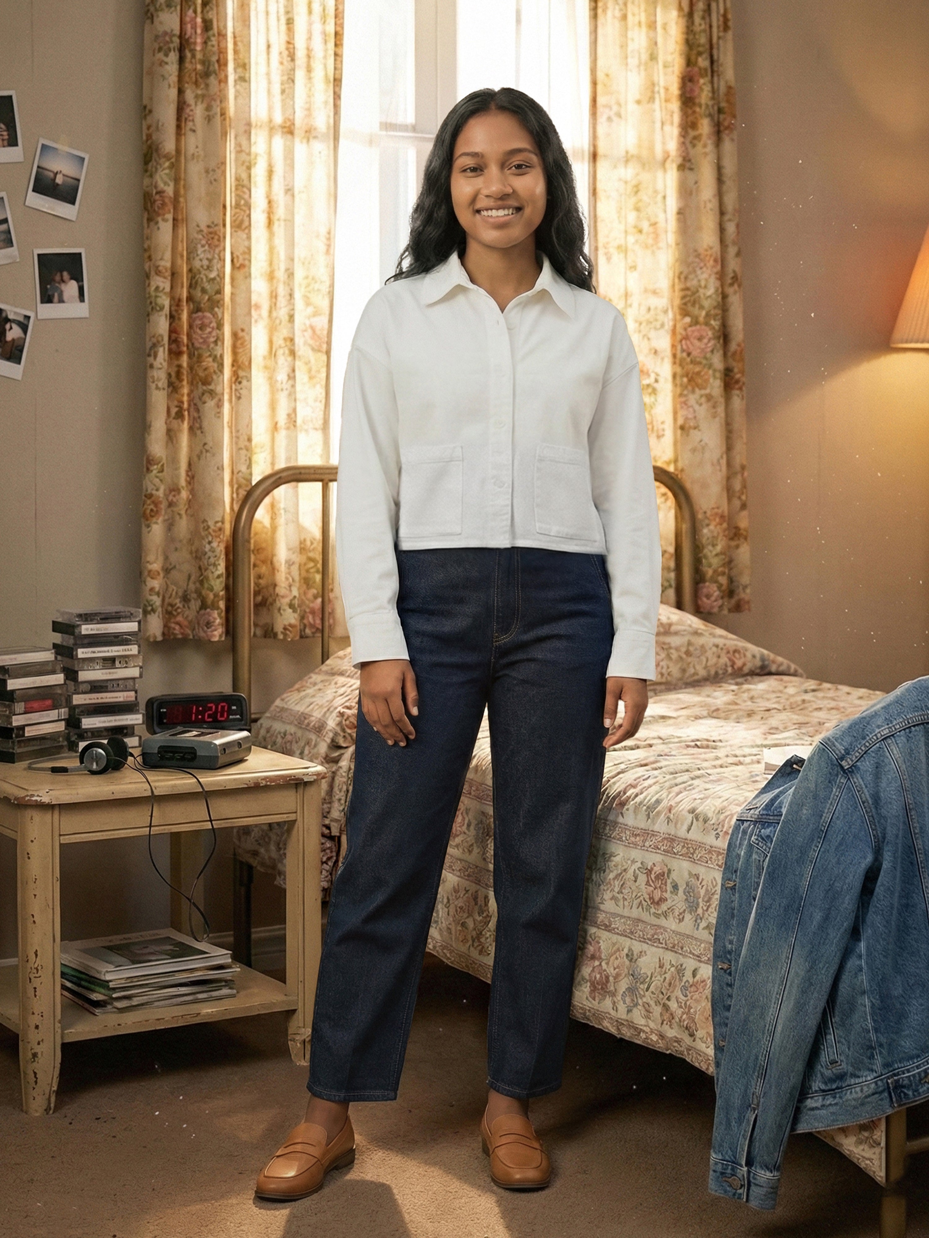 Women's White Cotton Twill Shirt with Collar Neck Neck