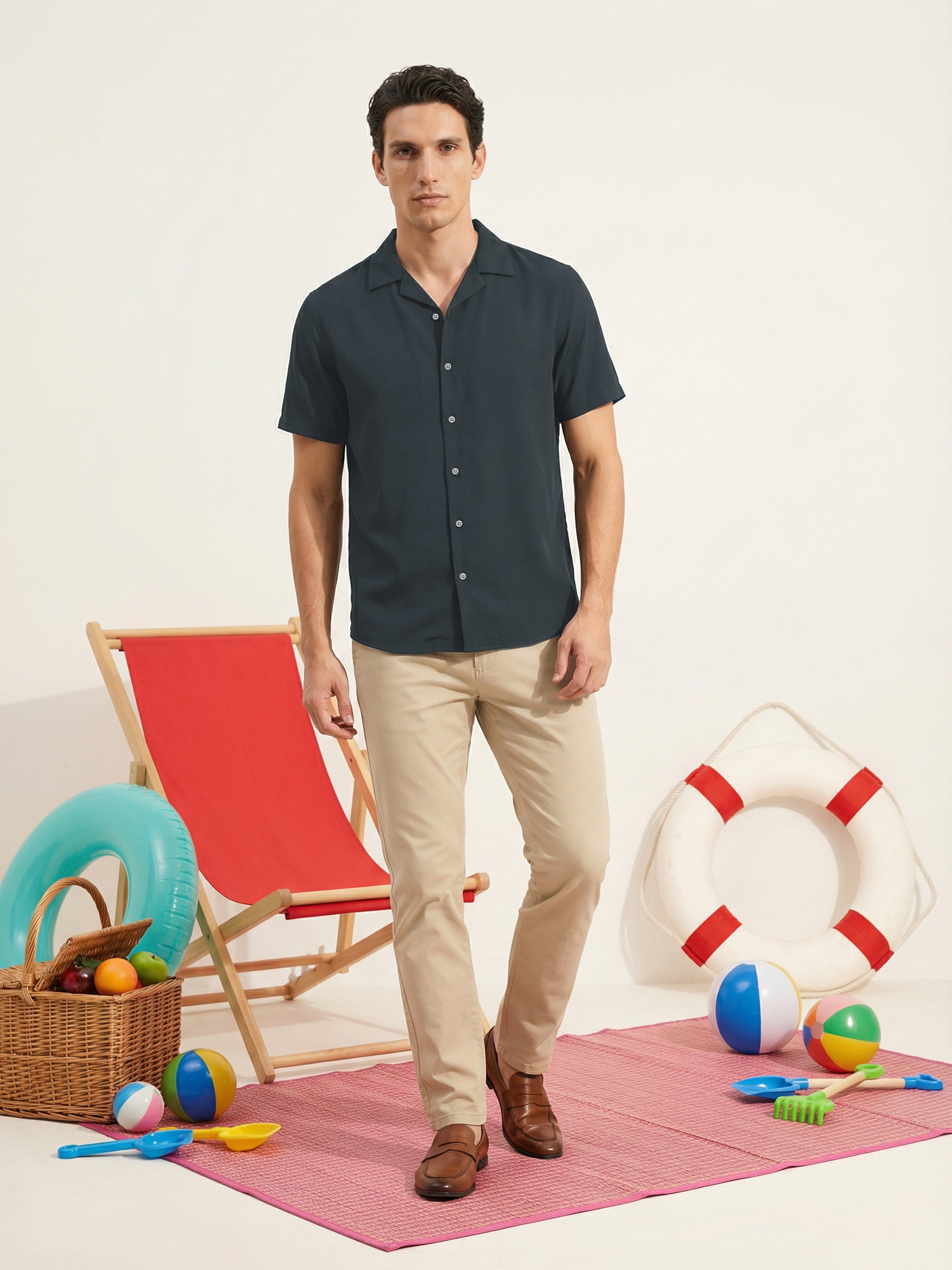 Grey Cuban Collar Half Sleeves Mens Shirt