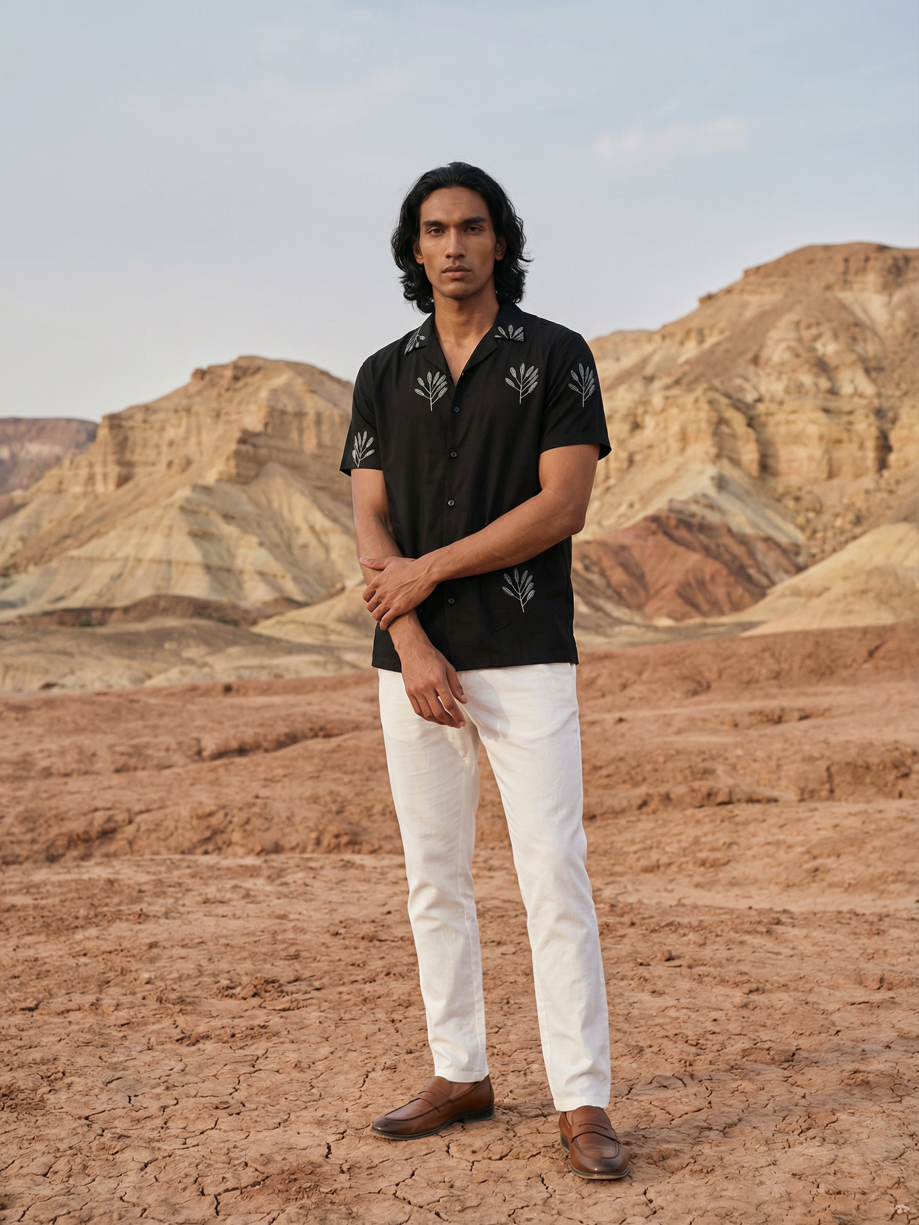 The Fazyo Cuban Collar Fit Mens Shirt | Black Imported Emboridery Fabric