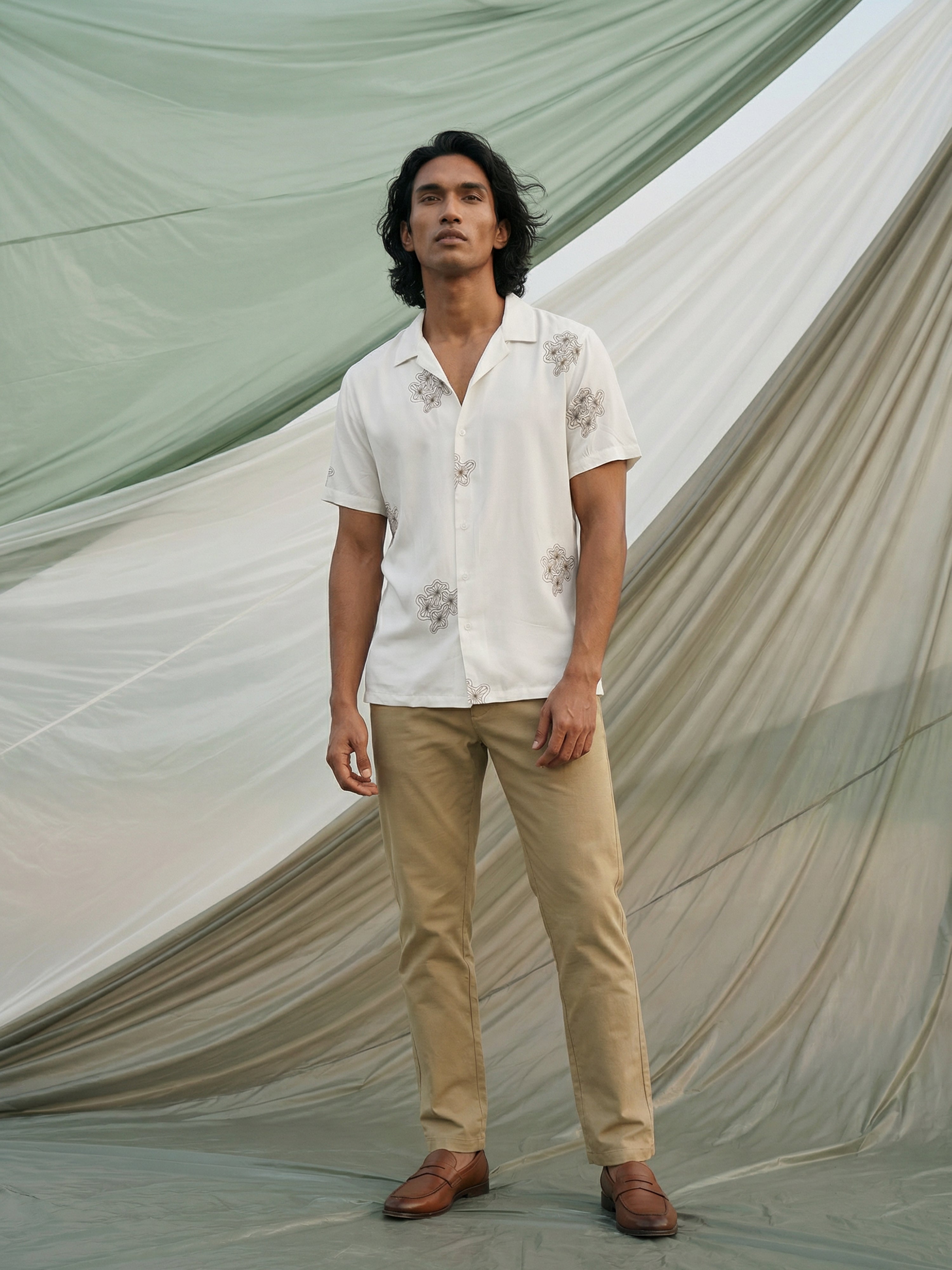 Off White Premium Imported Embroidery Fabric Shirt