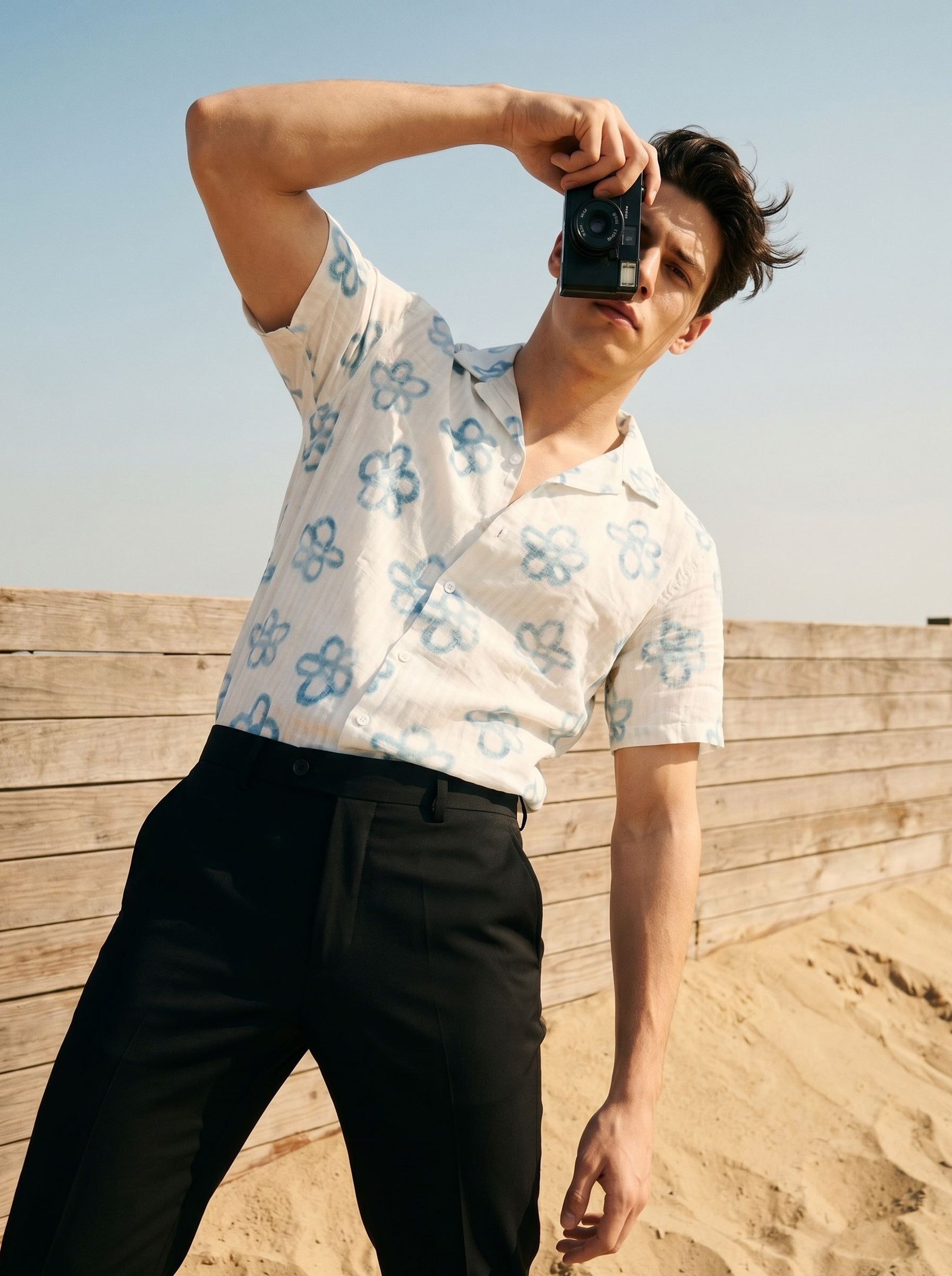 Men's Blue Cuban Collar Relaxed Fit Shirt