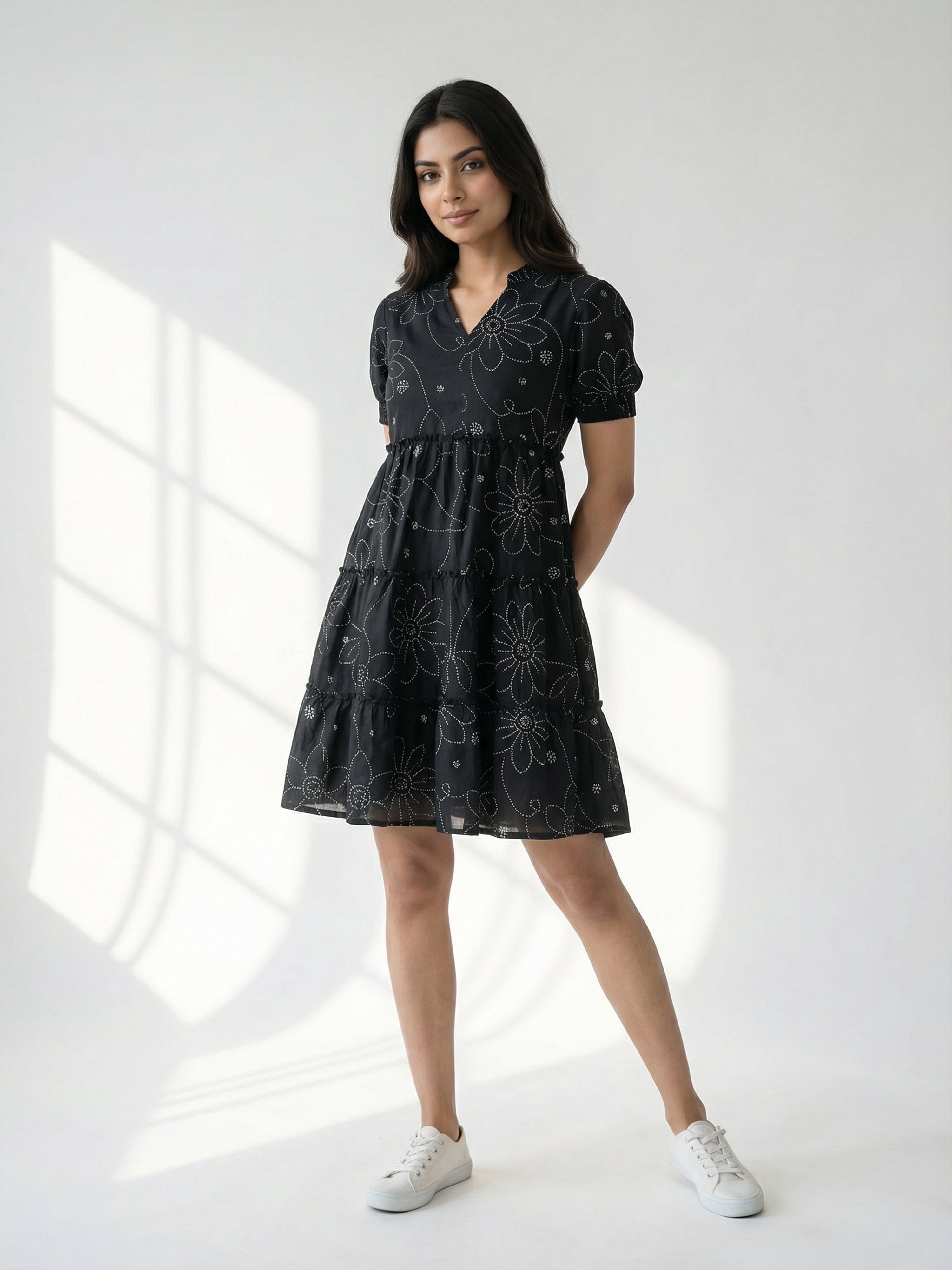 Black Cotton Collar Neck Half Sleeve Dresses For Female