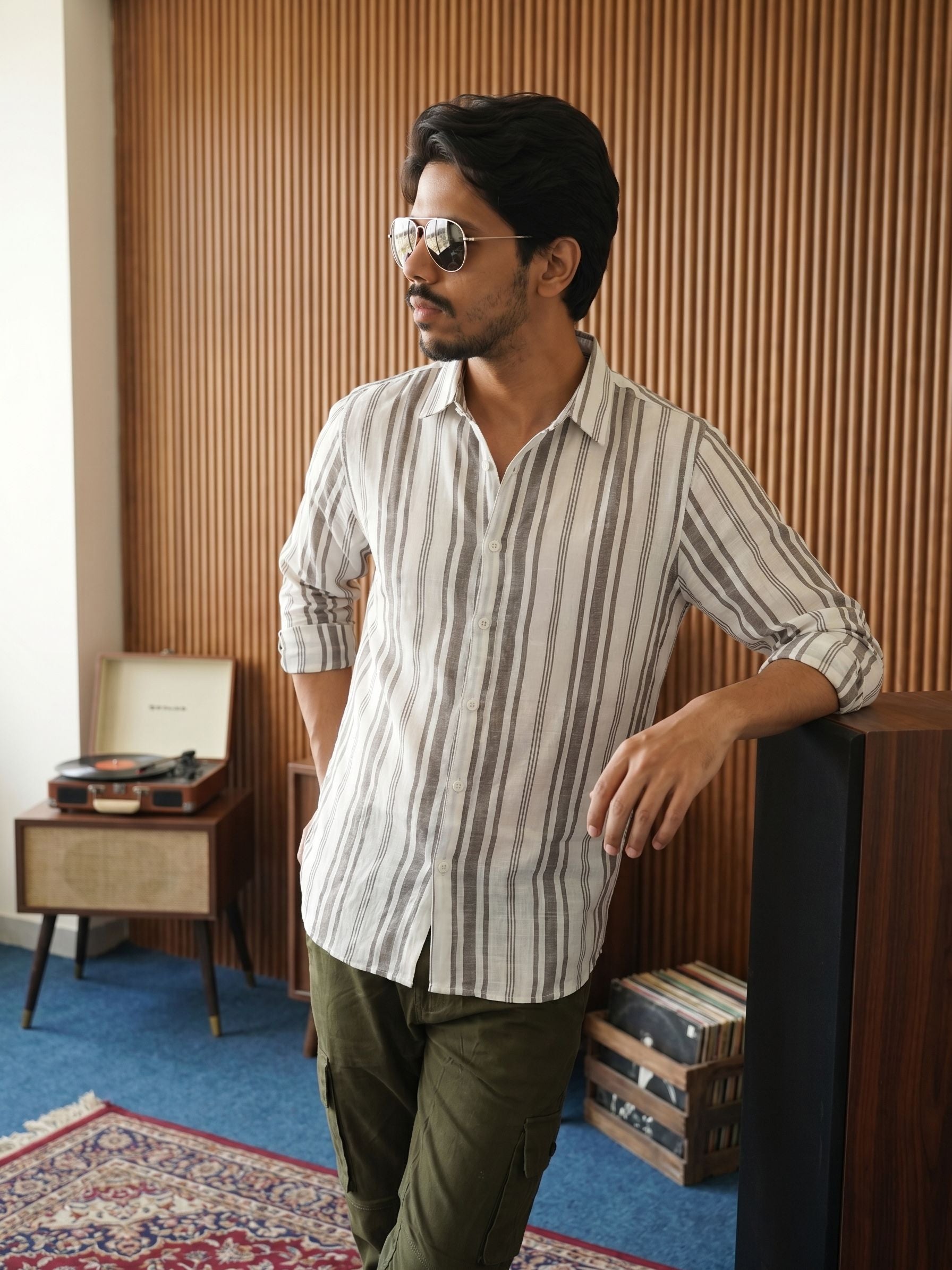 Men's Stripes Mocklino Dobby Midnight Regular Fit Shirt