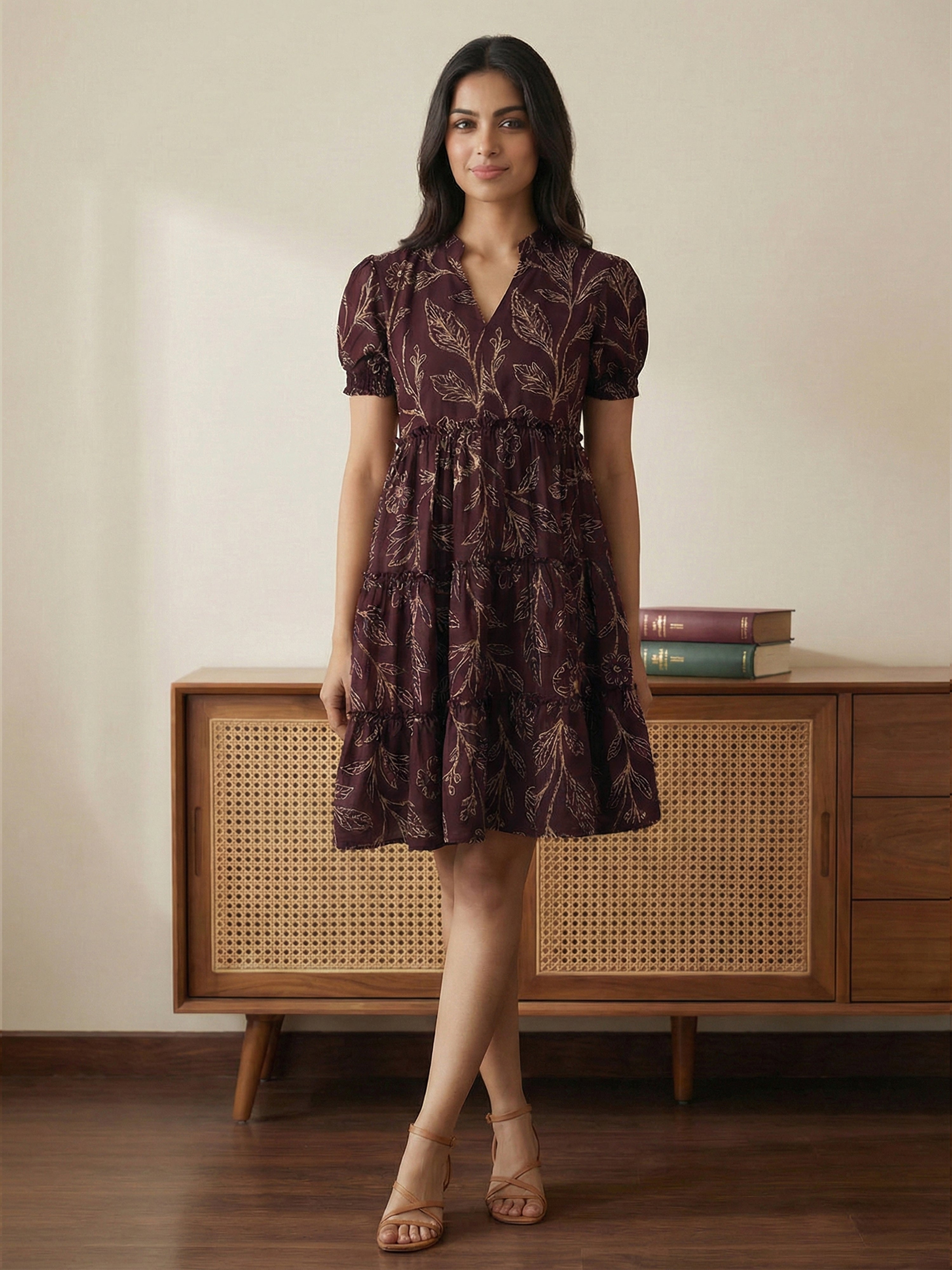 Wine Cotton Collar Neck Half Sleeve Dresses For Female