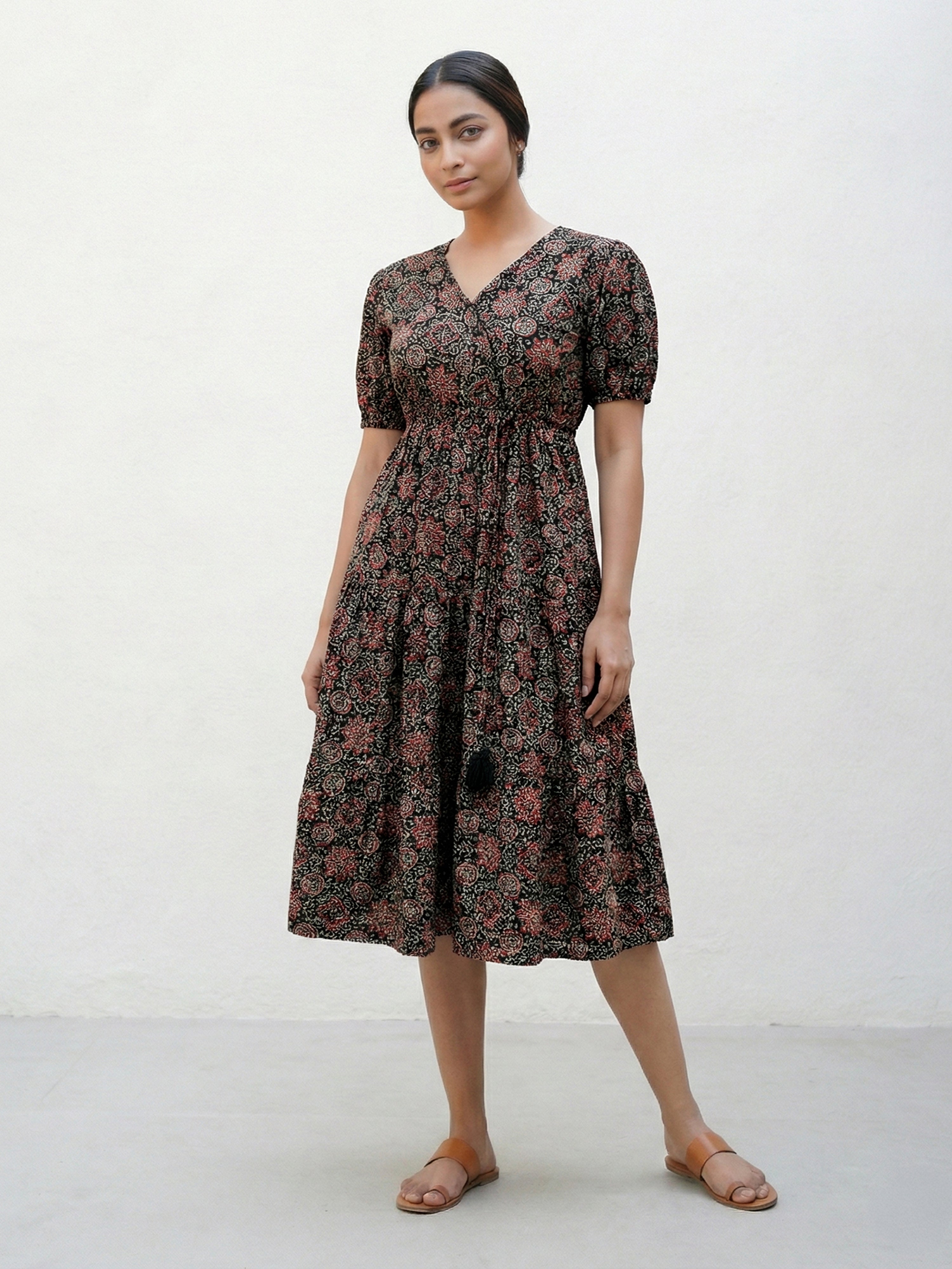 Black Rayon Angrkaha 3/4 Sleeve Dresses For Female