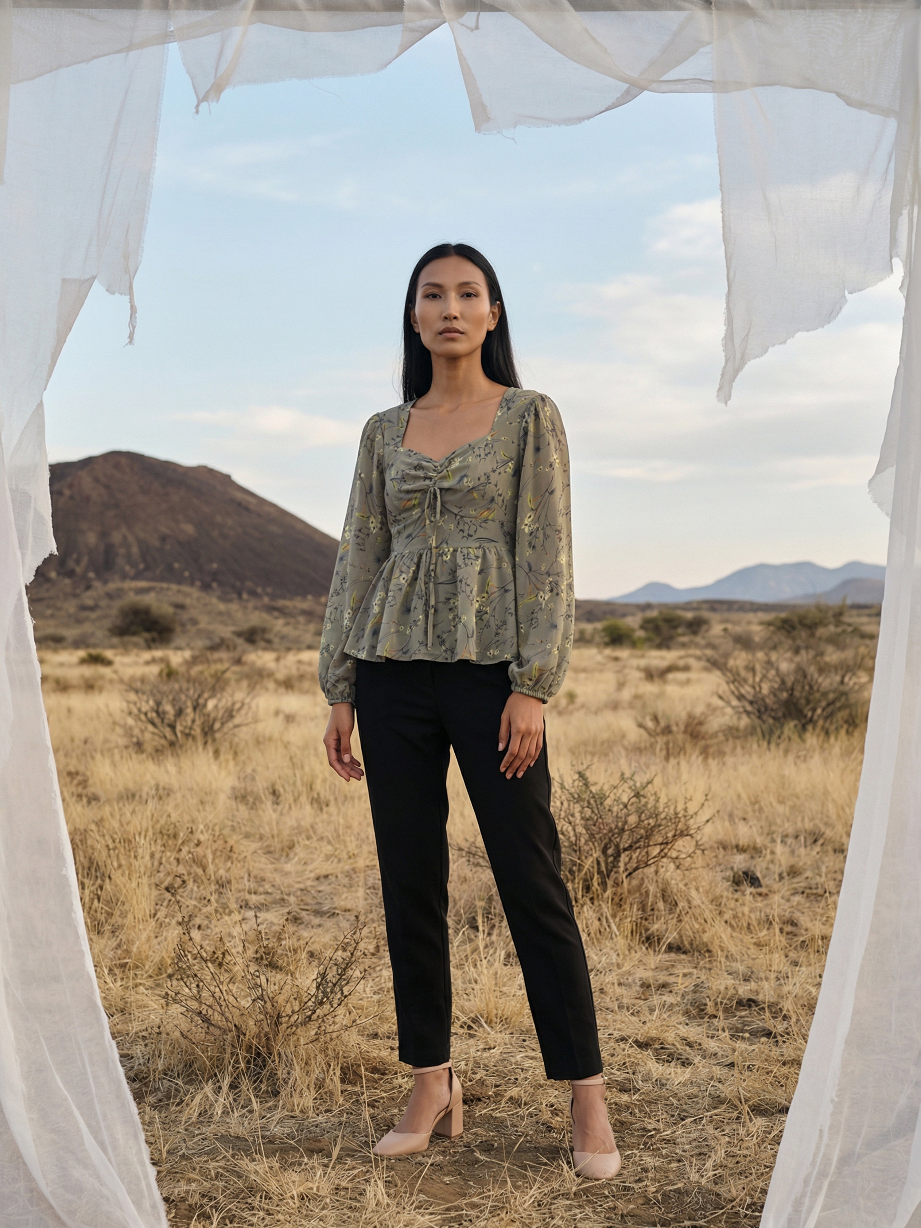 Grey Georgette Queen Anne Full Top For Female