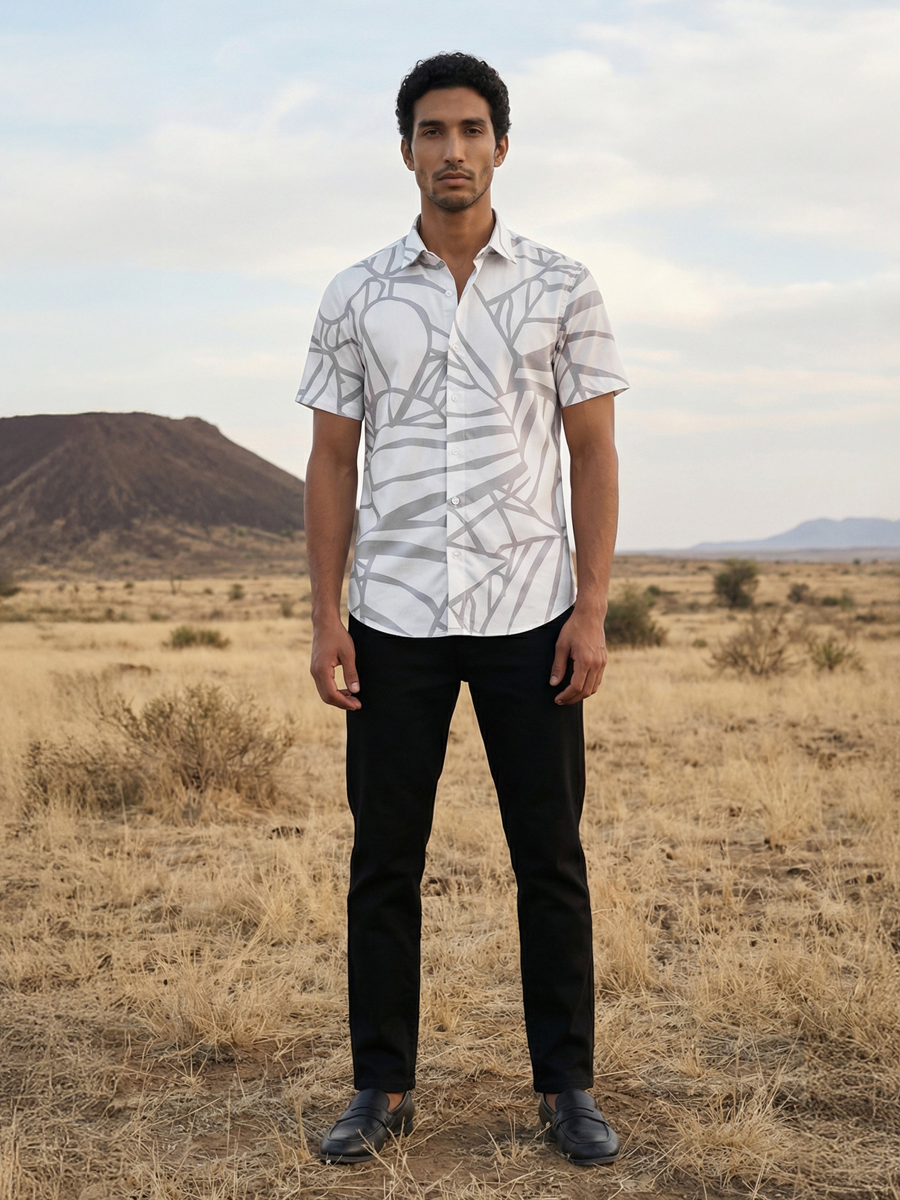 Off White Bless Cotton Semi Cut Away Collar Half Sleeves Shirt For Male