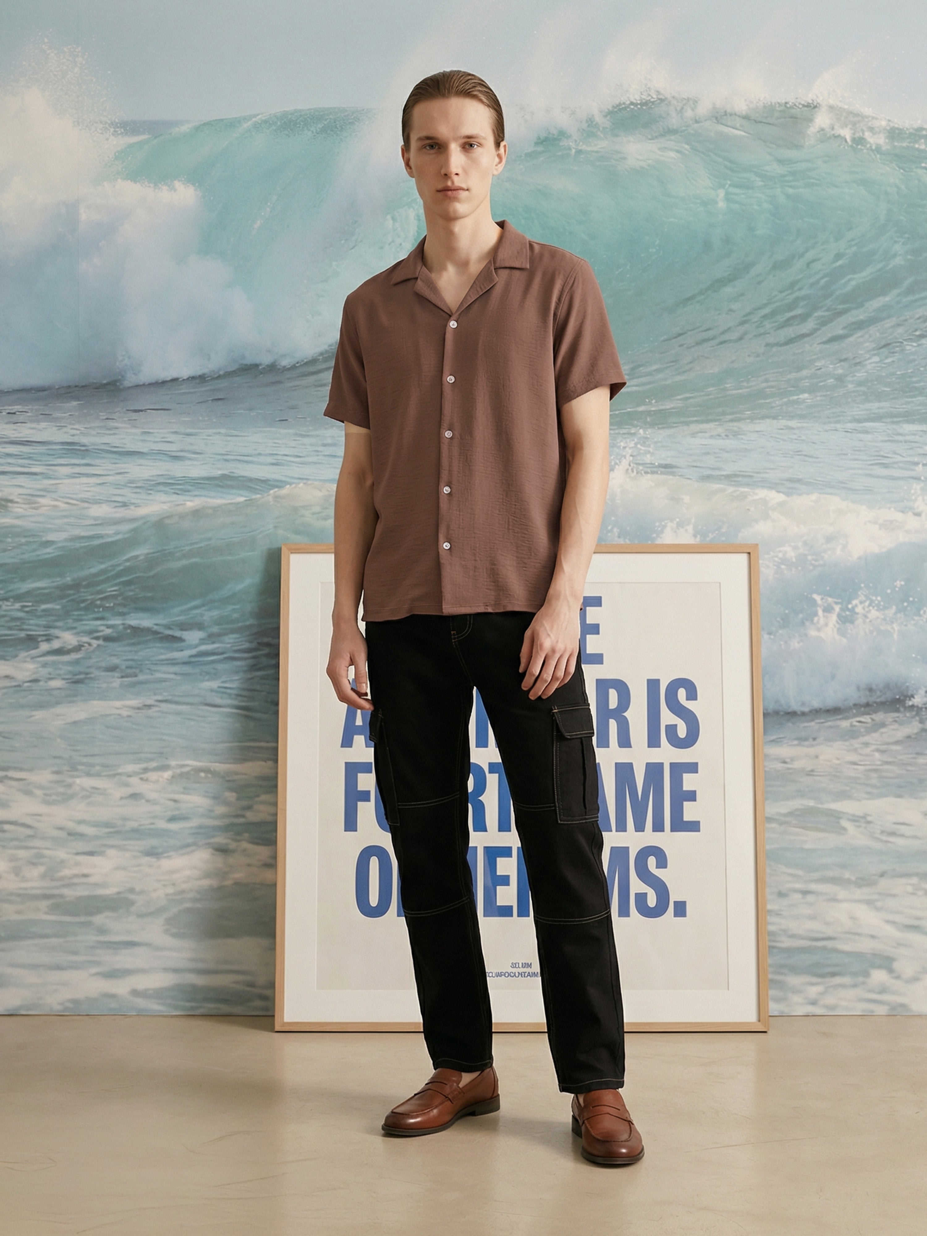 Brown Cuban Collar Half Sleeves Mens Shirt