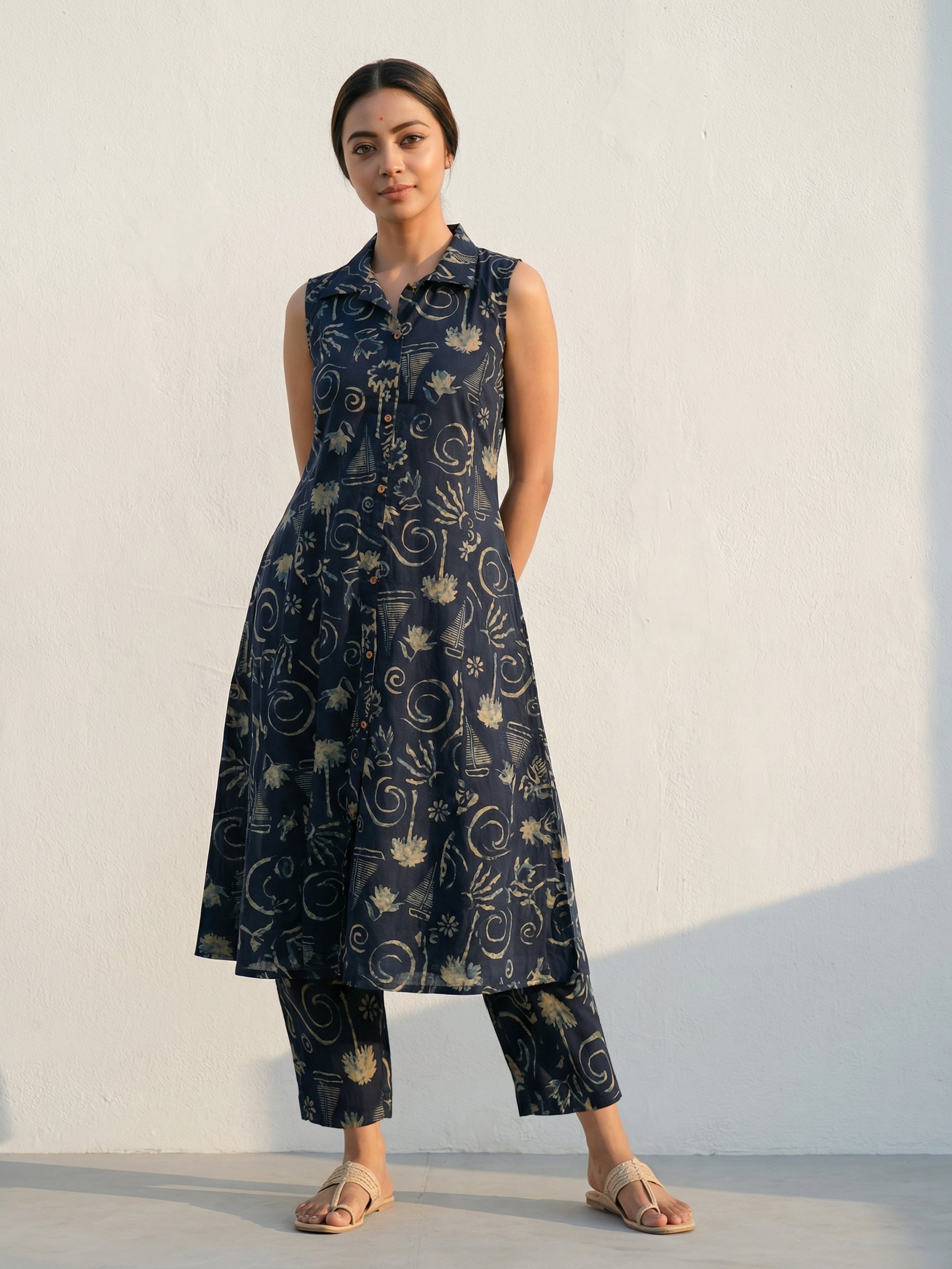 Indigo Floral A-Line Kurti Set