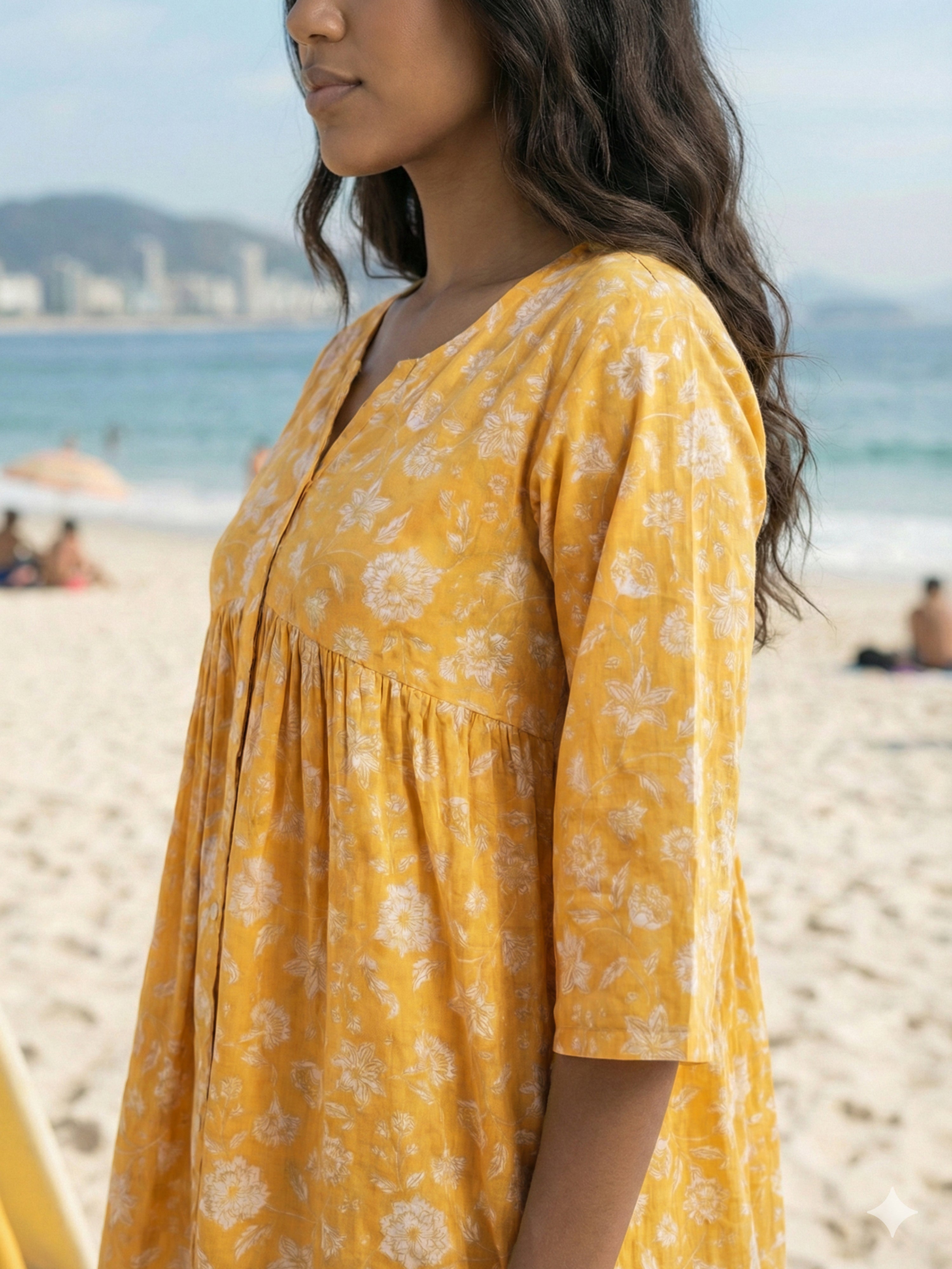 Women's Mustard Cotton Top with Round Neck Neck