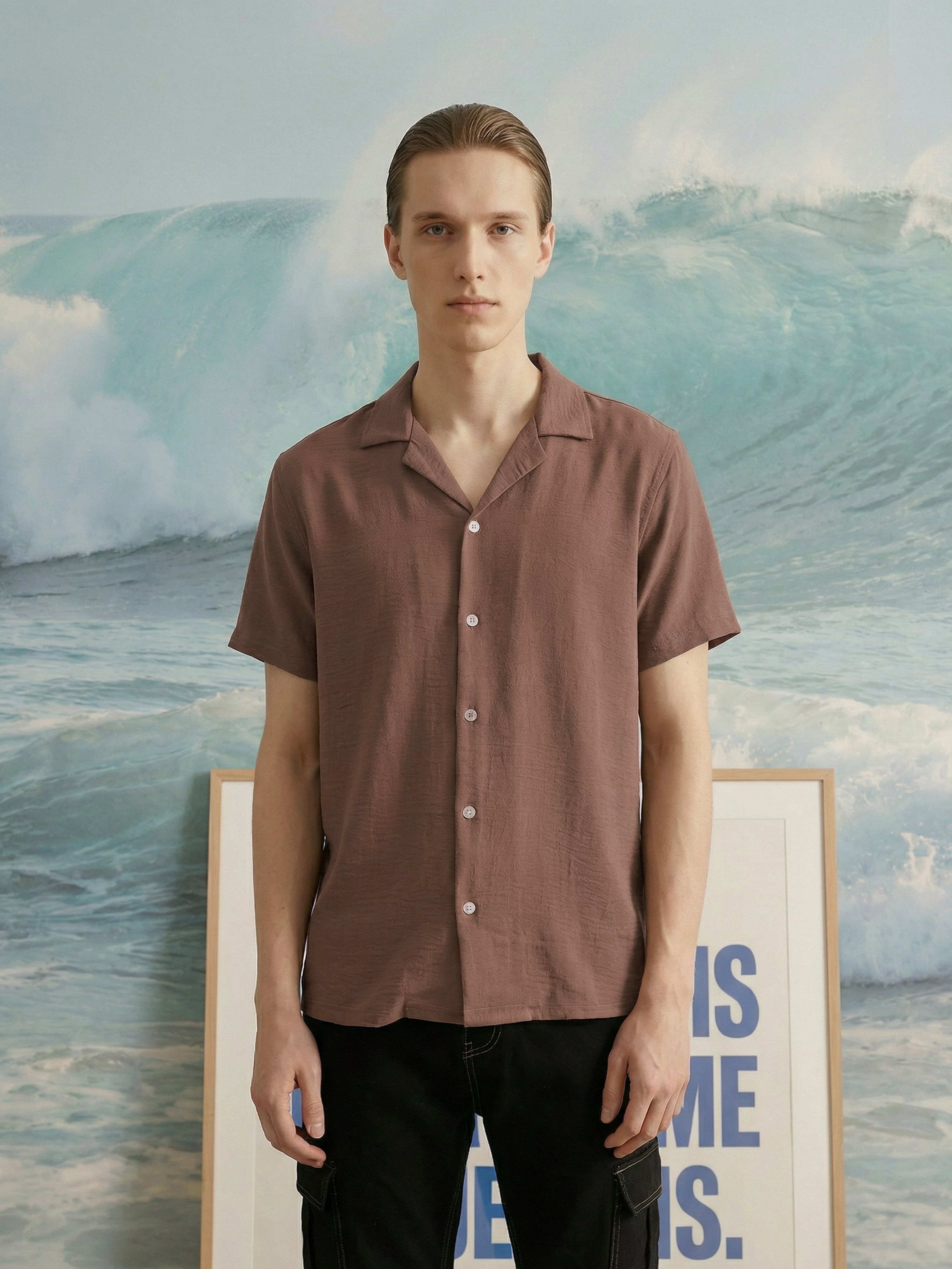 Brown Cuban Collar Half Sleeves Mens Shirt