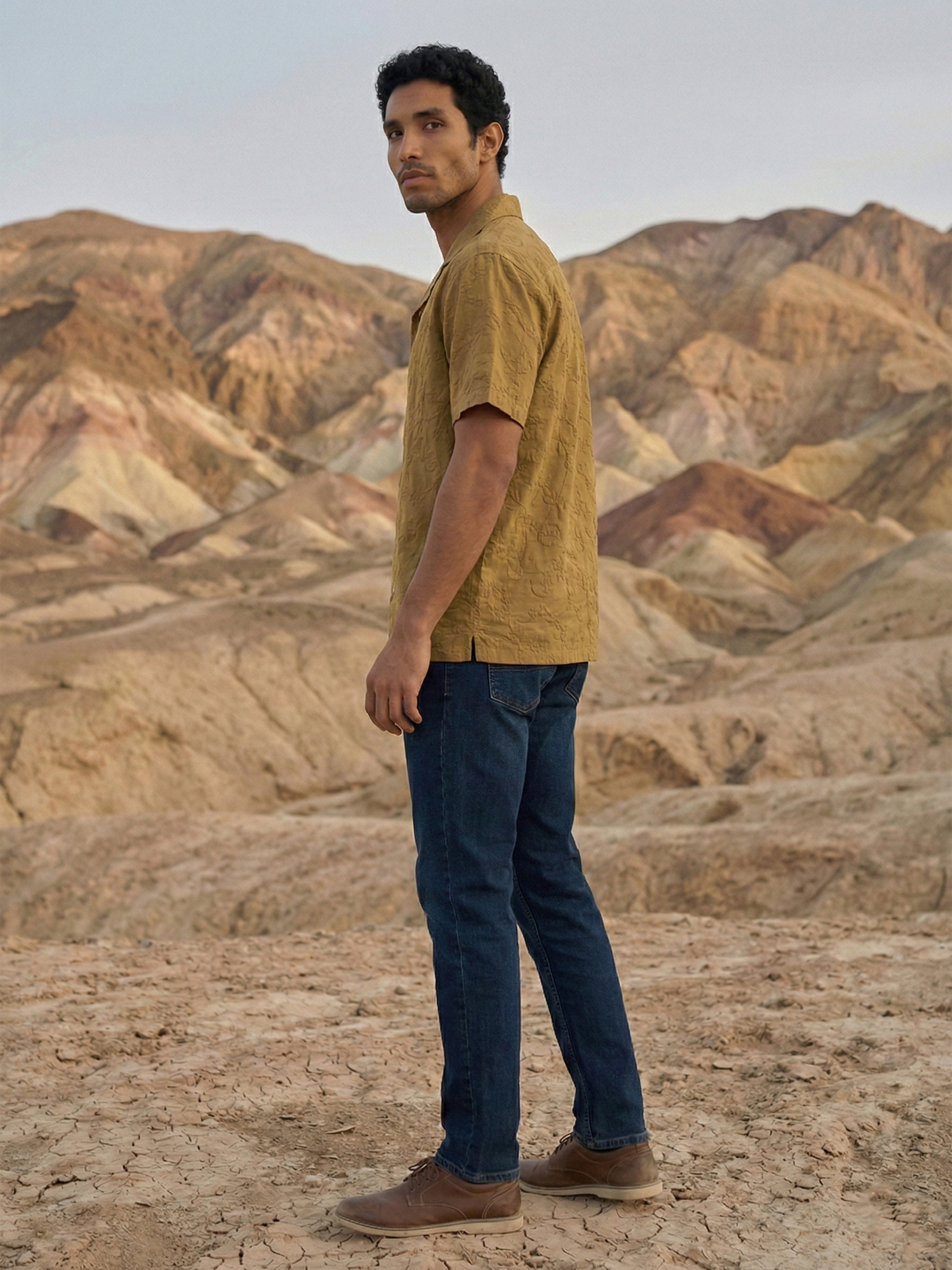 Chocolate Organic Cotton Cuban Collar Half Sleeves Shirt For Male