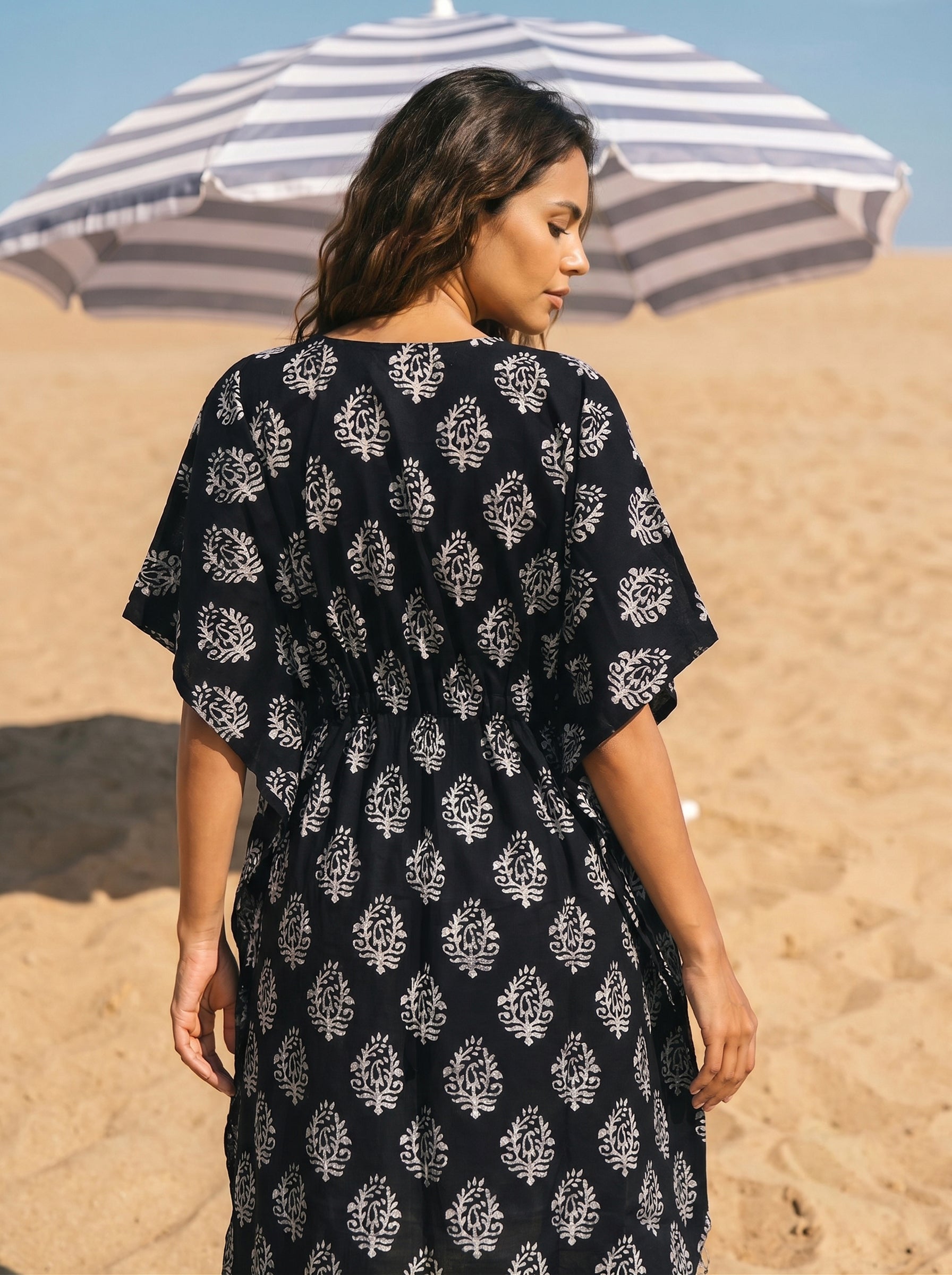 Women's Cambric Cotton Jet black V Neck Sleeveless Kaftan
