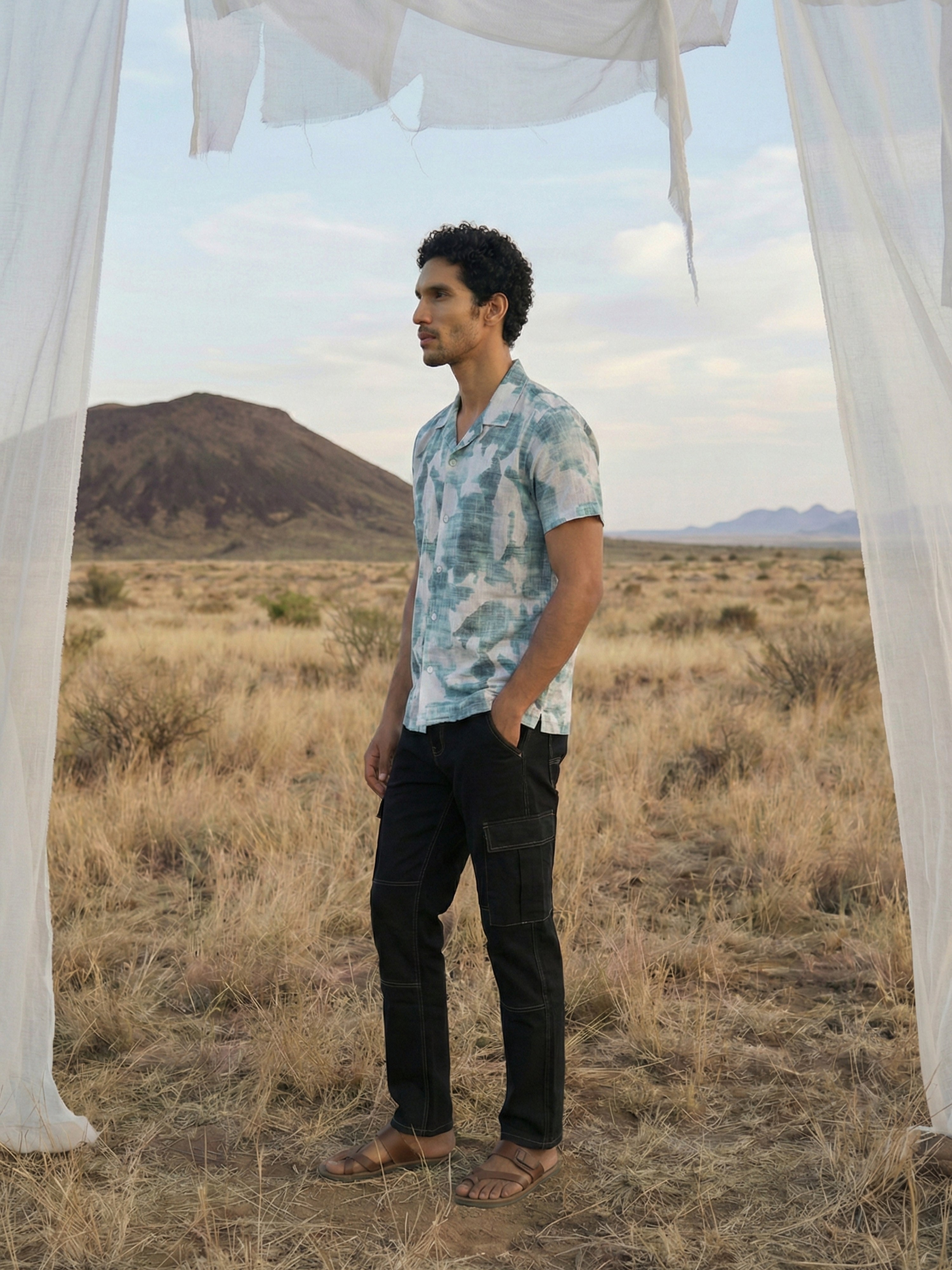 Green  Blend Cuban Collar Half Sleeves Shirt For Male