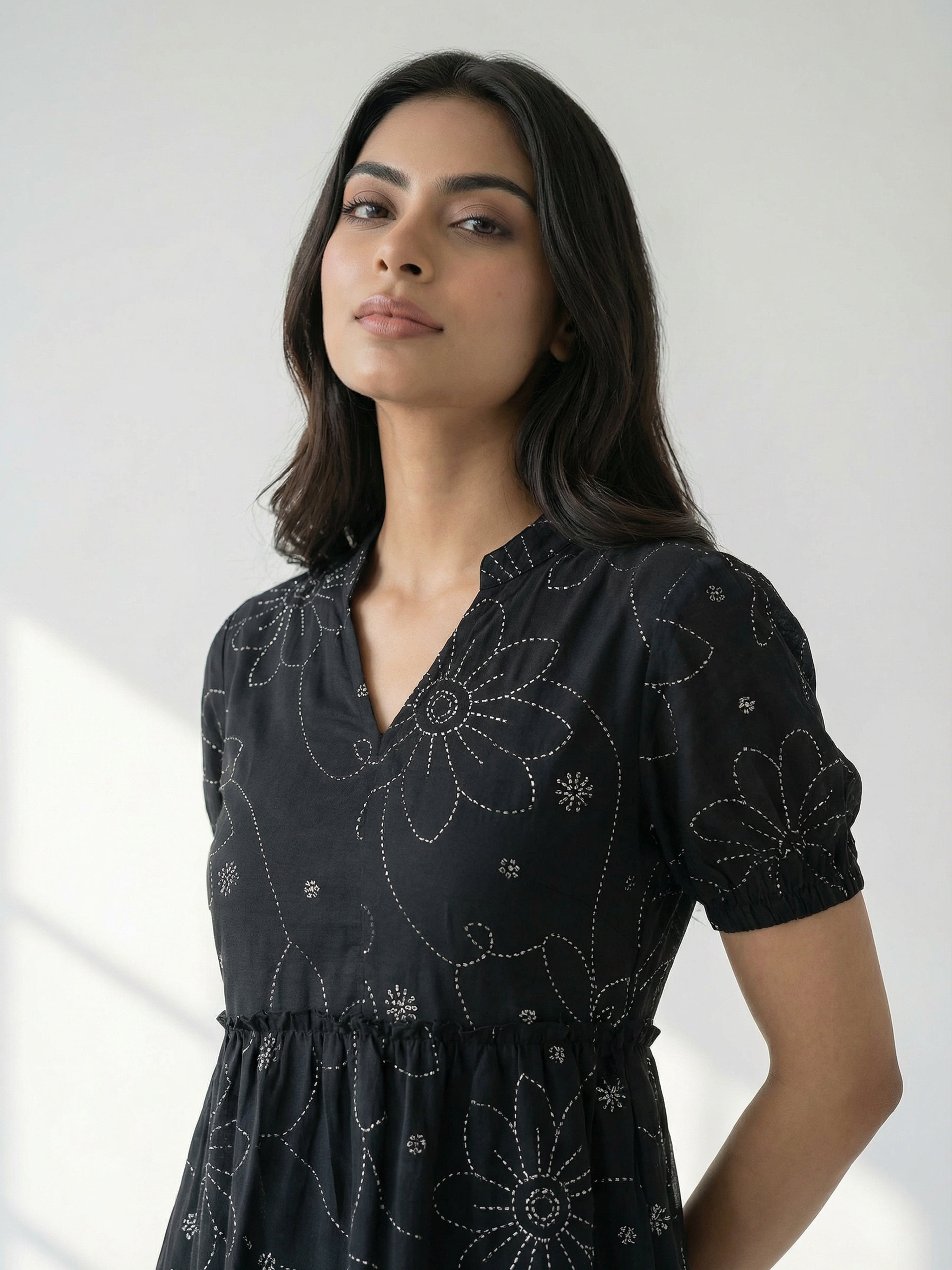 Black Cotton Collar Neck Half Sleeve Dresses For Female