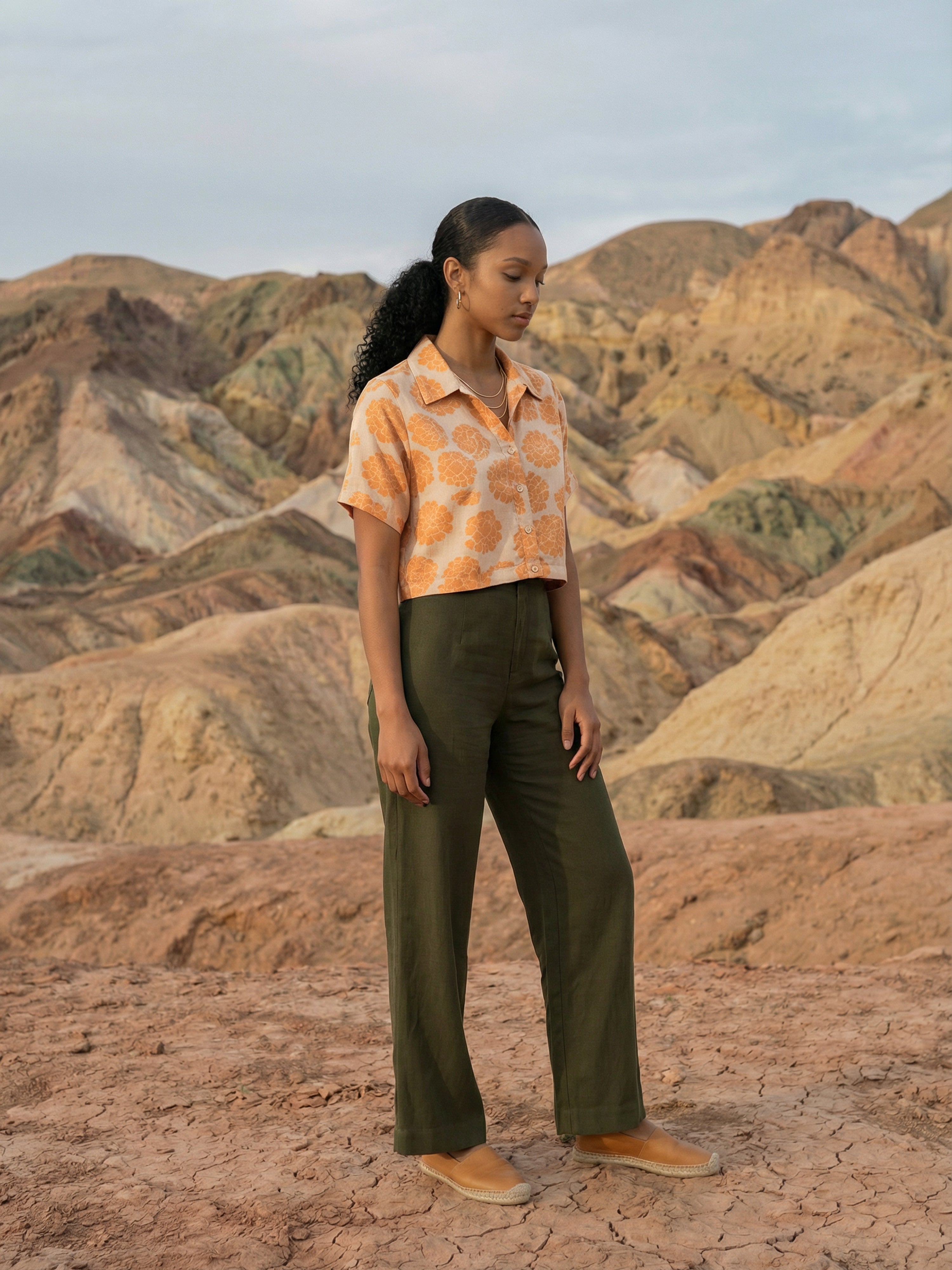 Women's Orange Rayon  Top with Classic Collar Neck