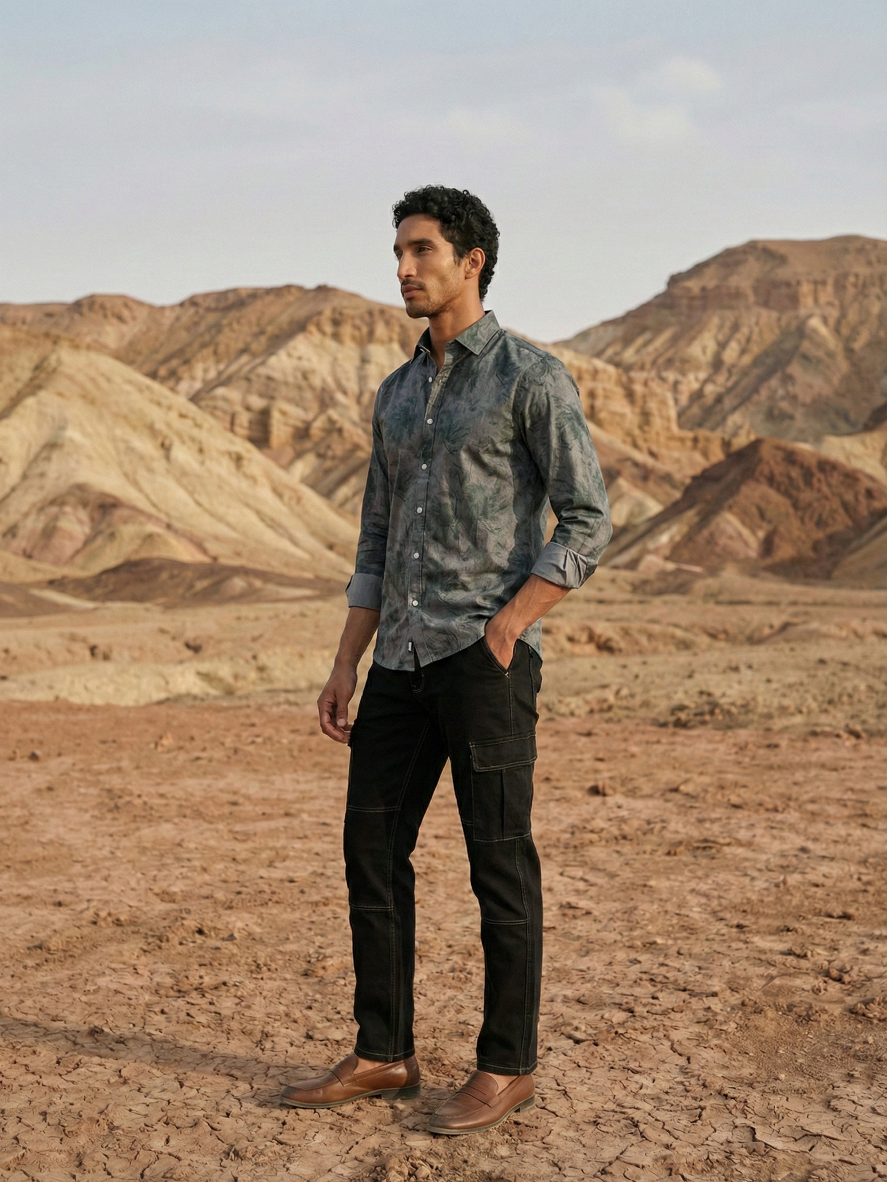 Grey  Milanj Semi Formal Print Semi Cut Away Collar Full Sleeves Shirt For Male