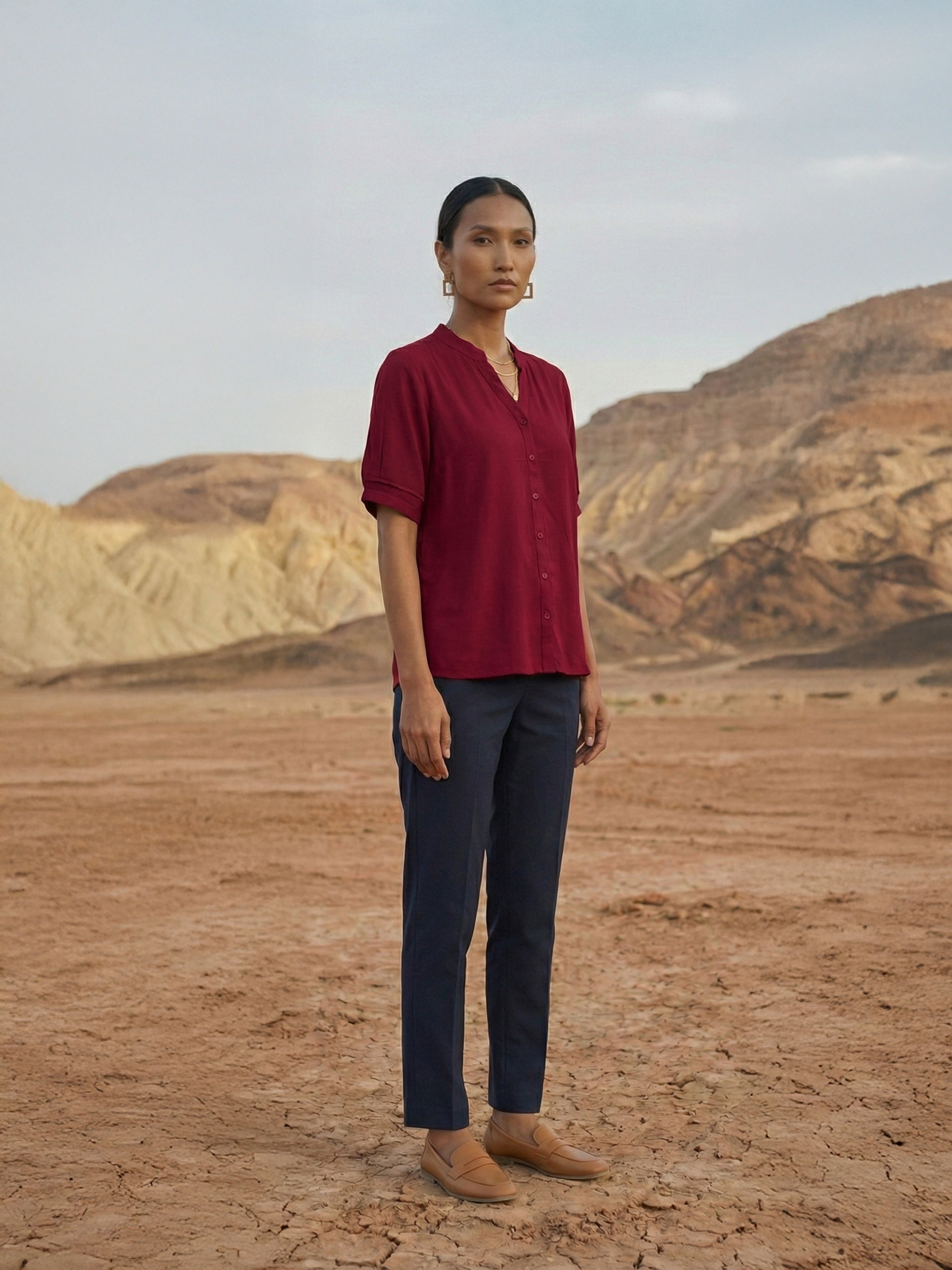 Women's Maroon Linen Shirt with Chinese Collar Neck