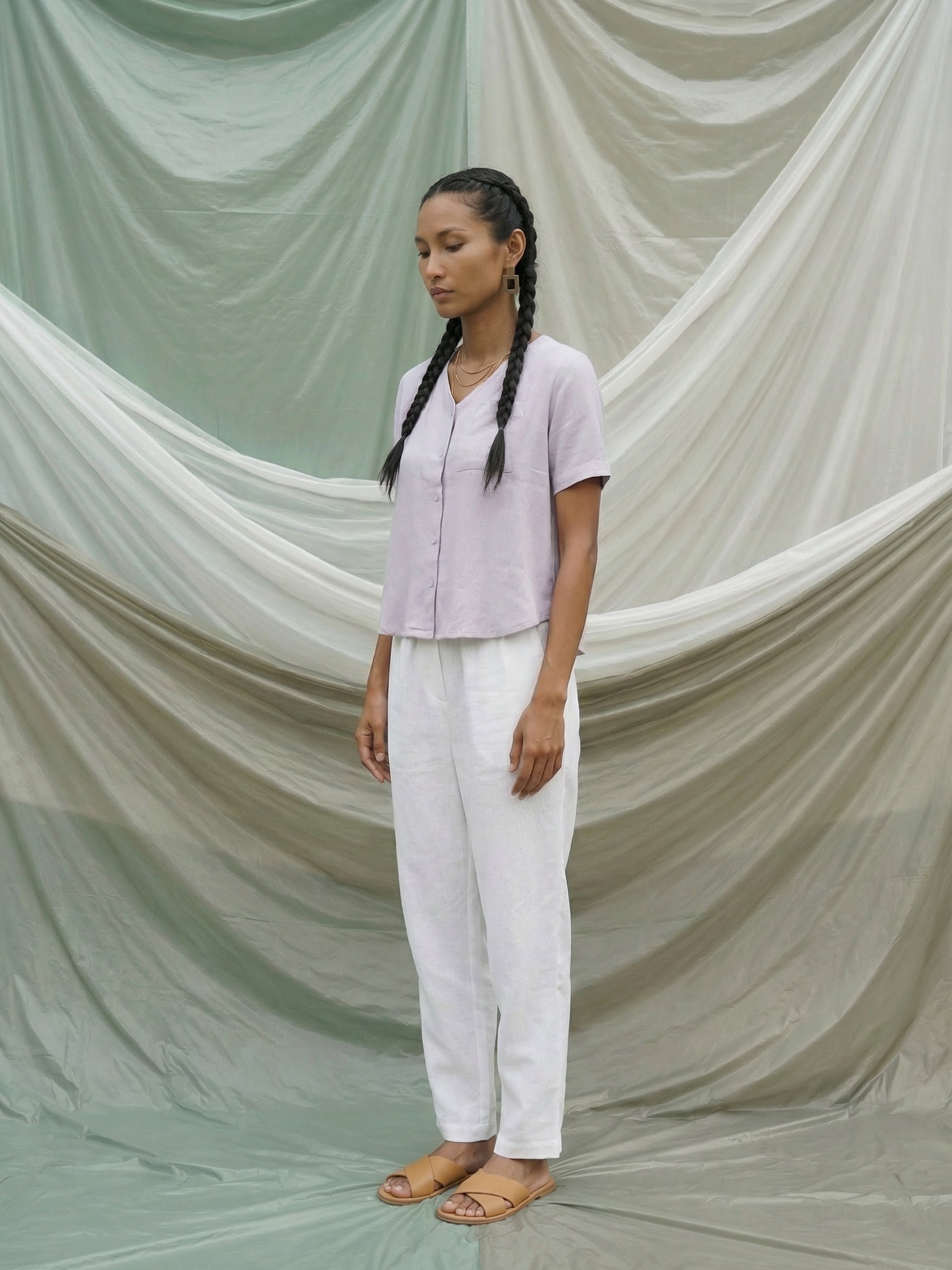 Women's Purple Linen Top with V Neck Neck