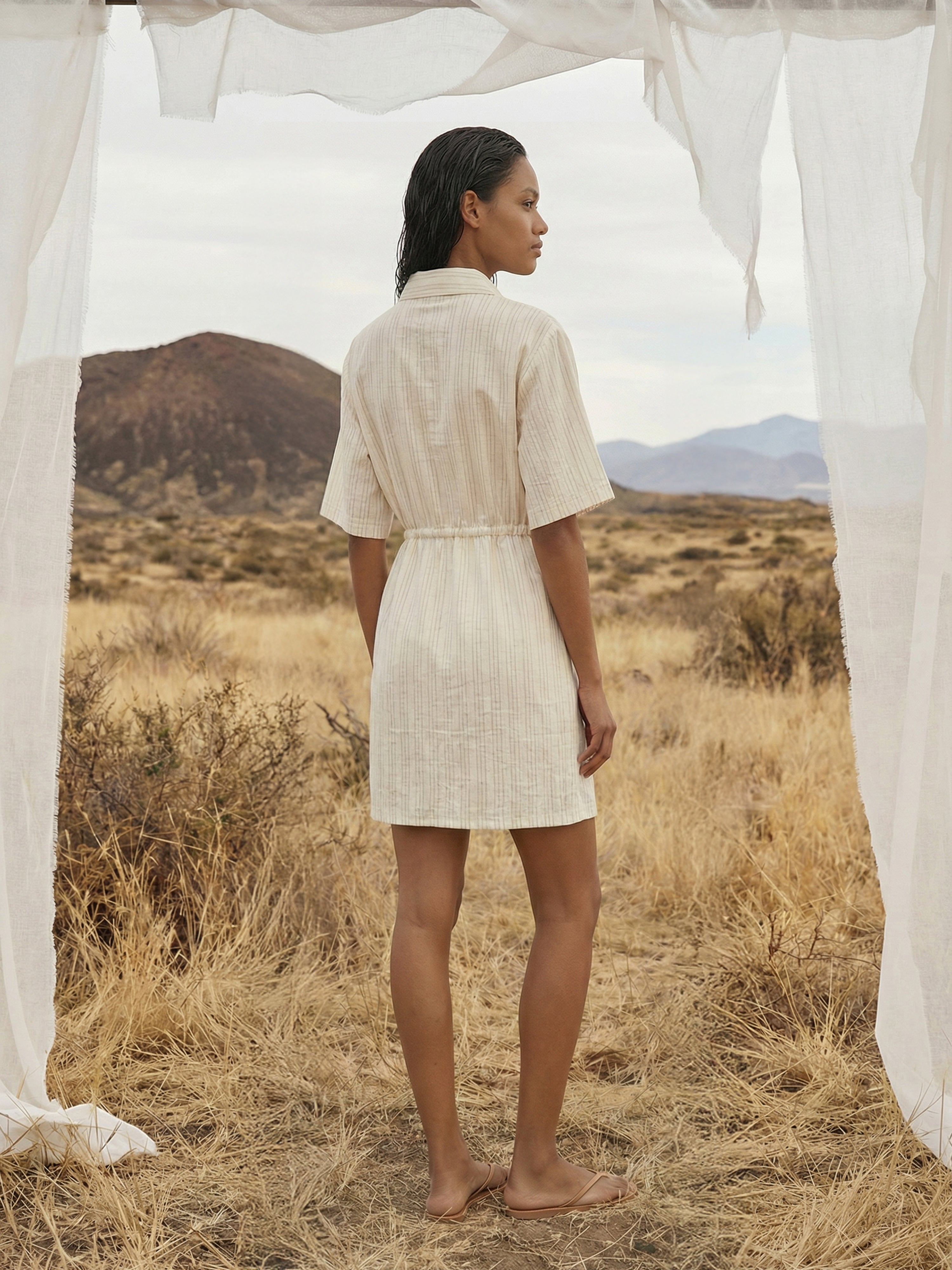 Women's Fawn Linen Stripe Dresses with Collar Neck Neck