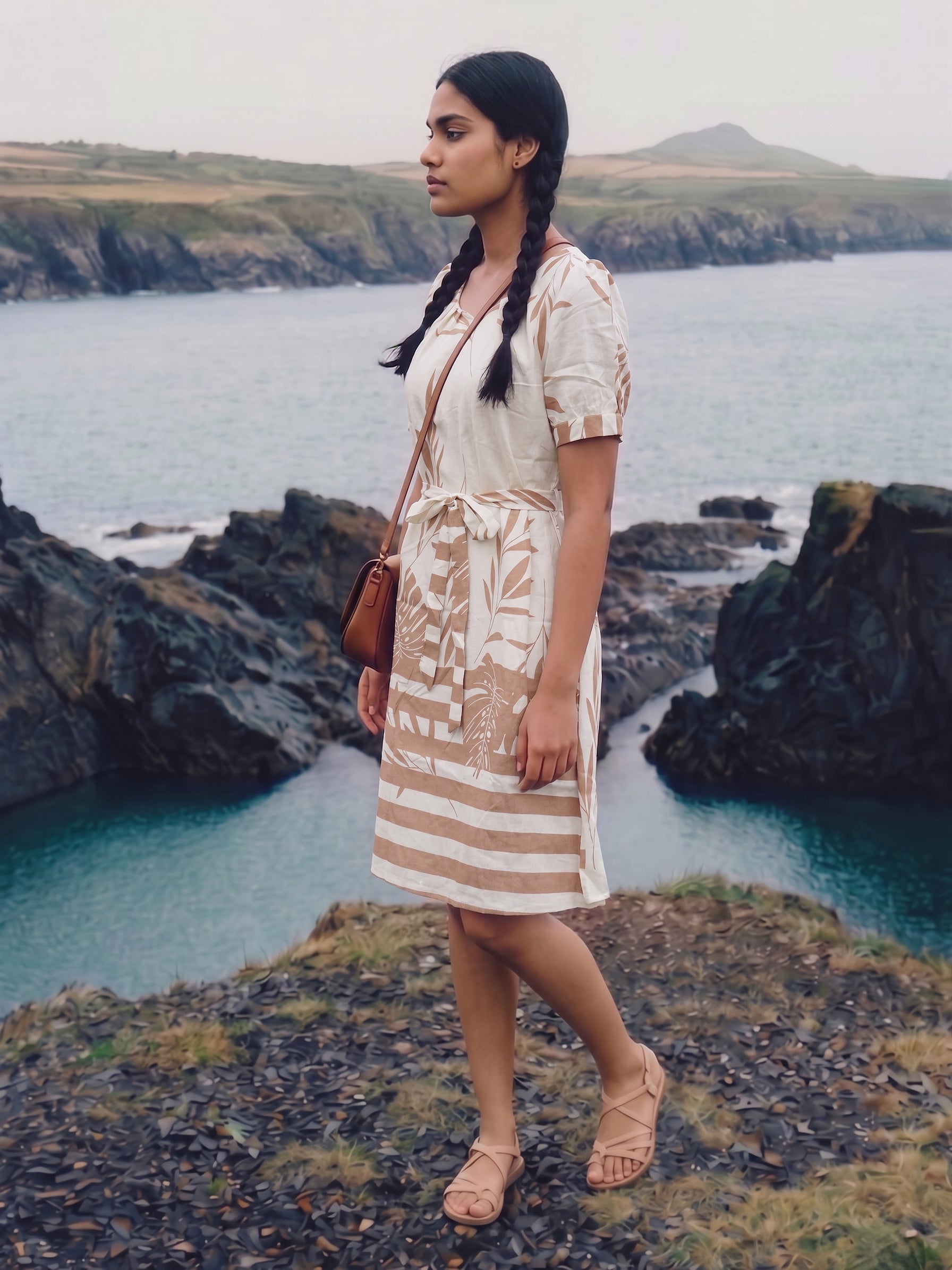 Women's Nylon Viscose Print Beige Regular Fit Dresses