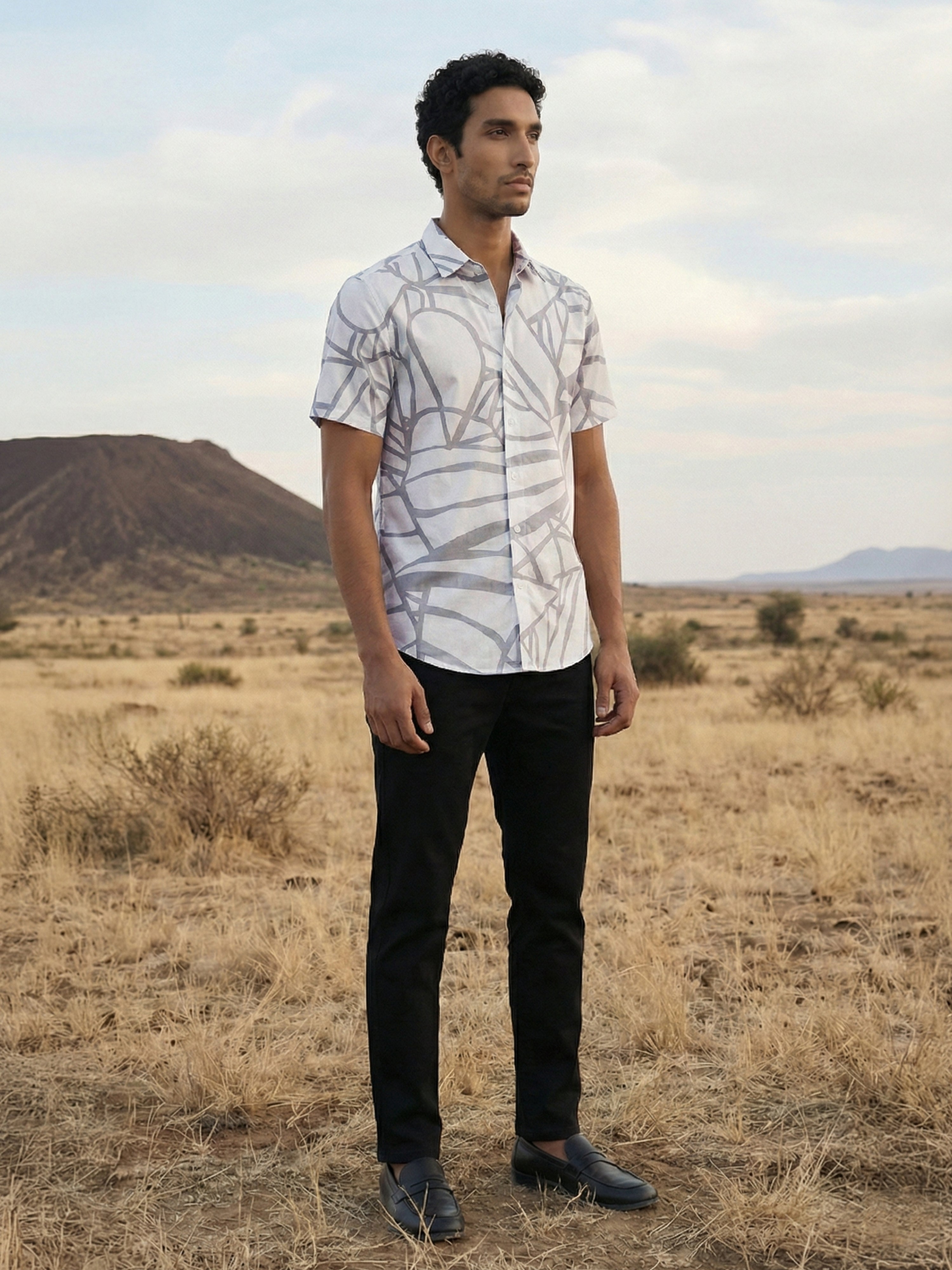 Off White Bless Cotton Semi Cut Away Collar Half Sleeves Shirt For Male