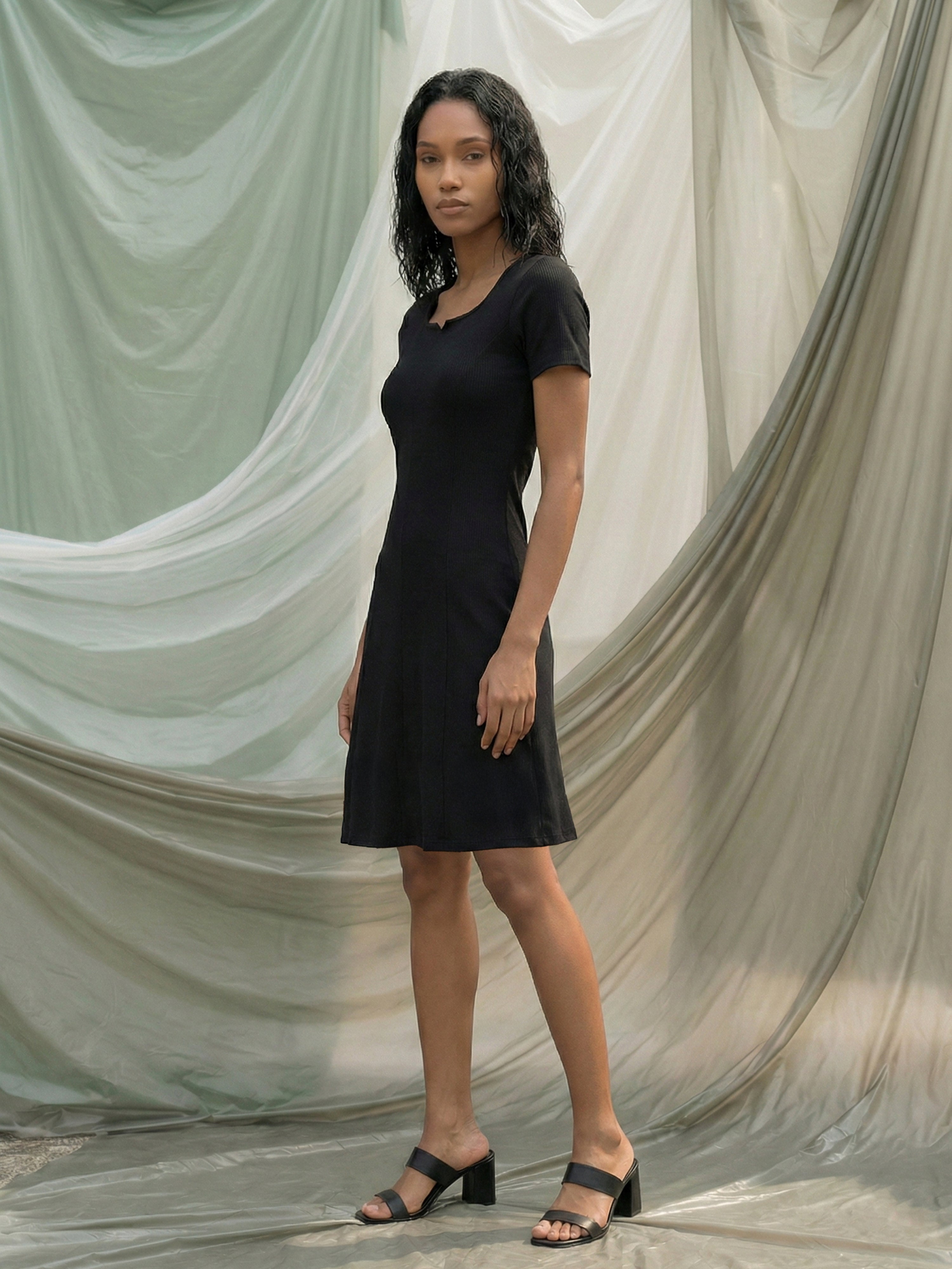 Black Ribbed Square With Split V Neck Short Dresses For Female