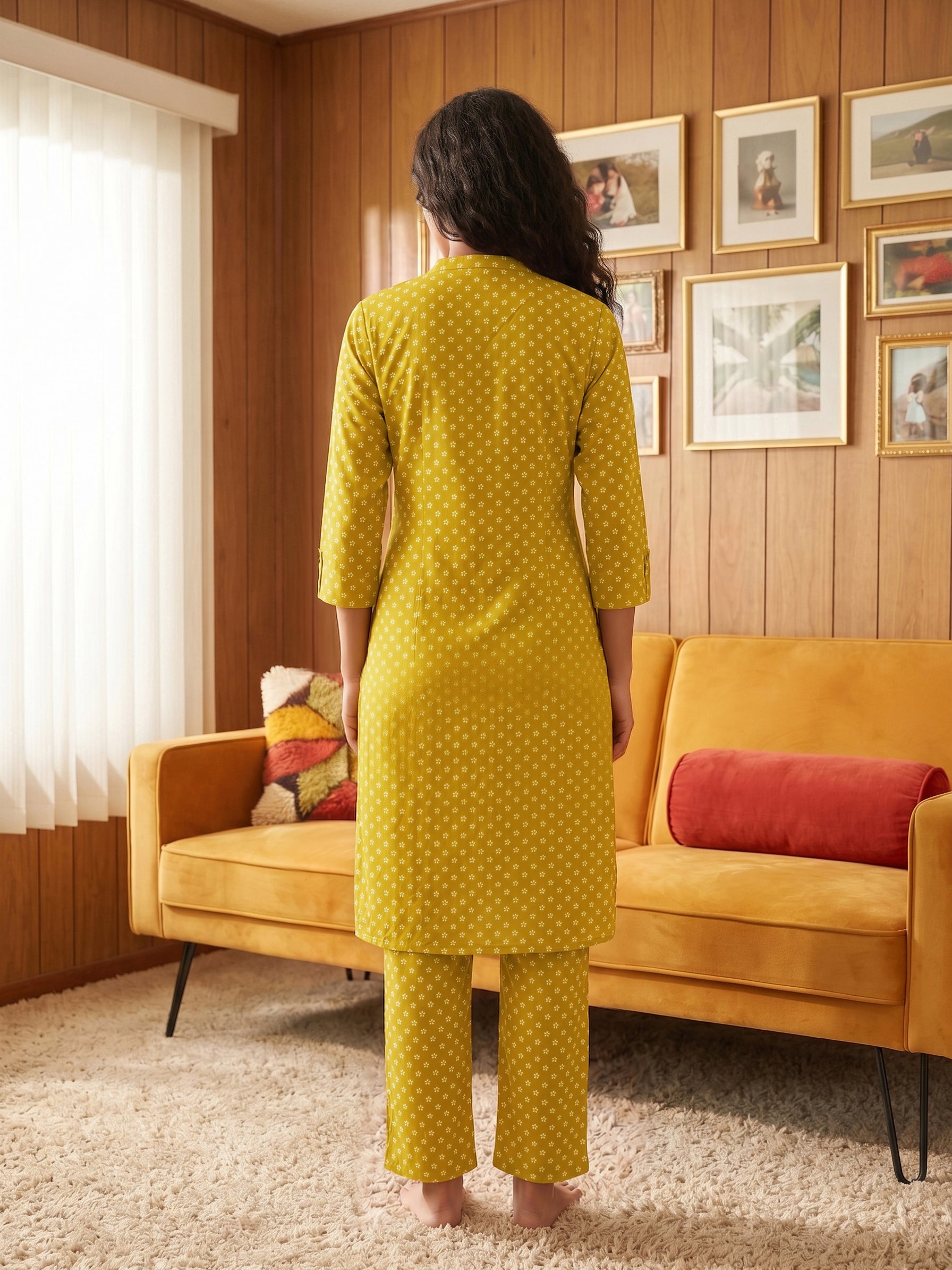 Women's Cambric Cotton Yellow Round Neck Printed Kurti Set