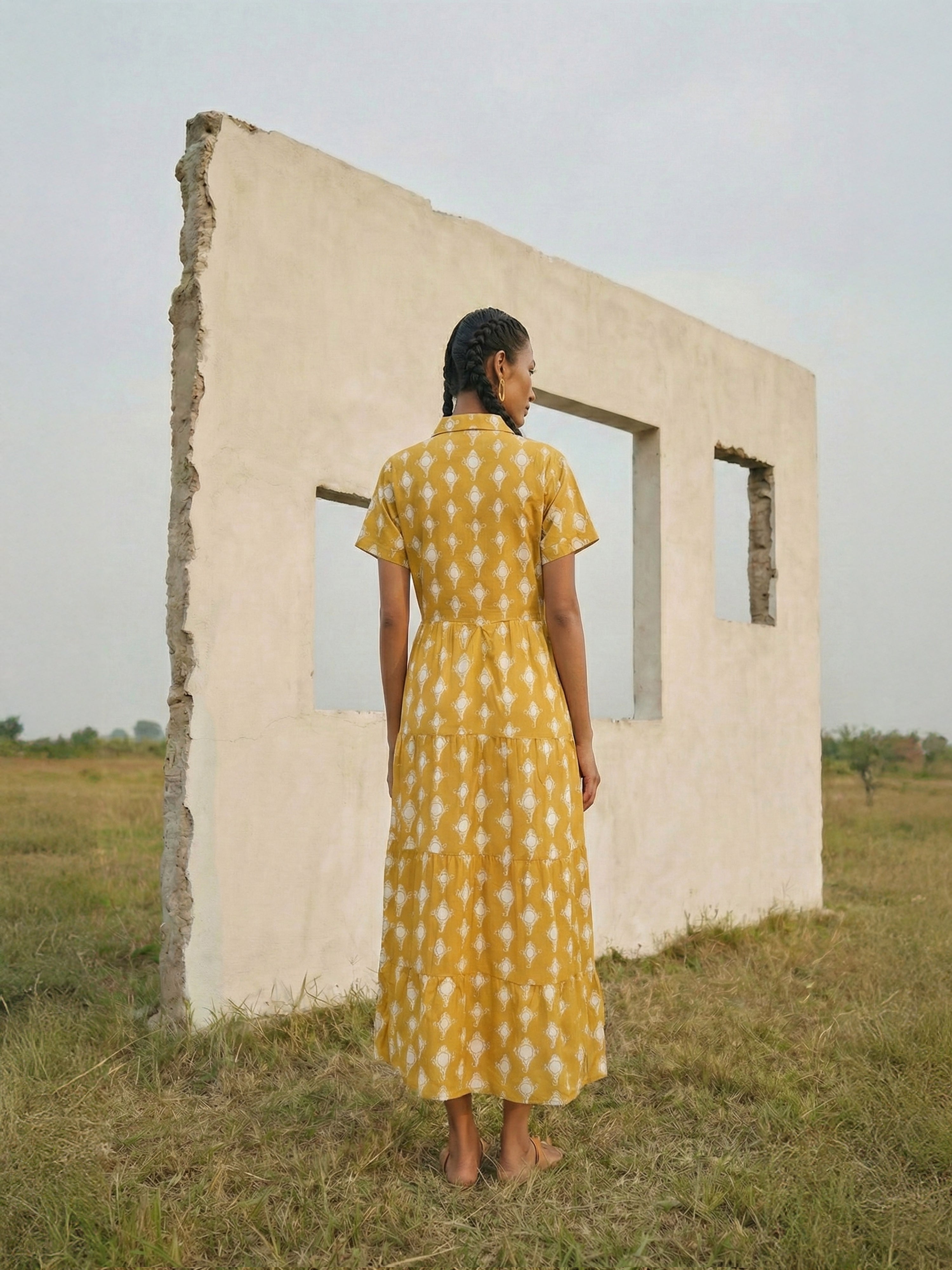 Women's Yellow Rayon  Dresses with Classic Collar Neck