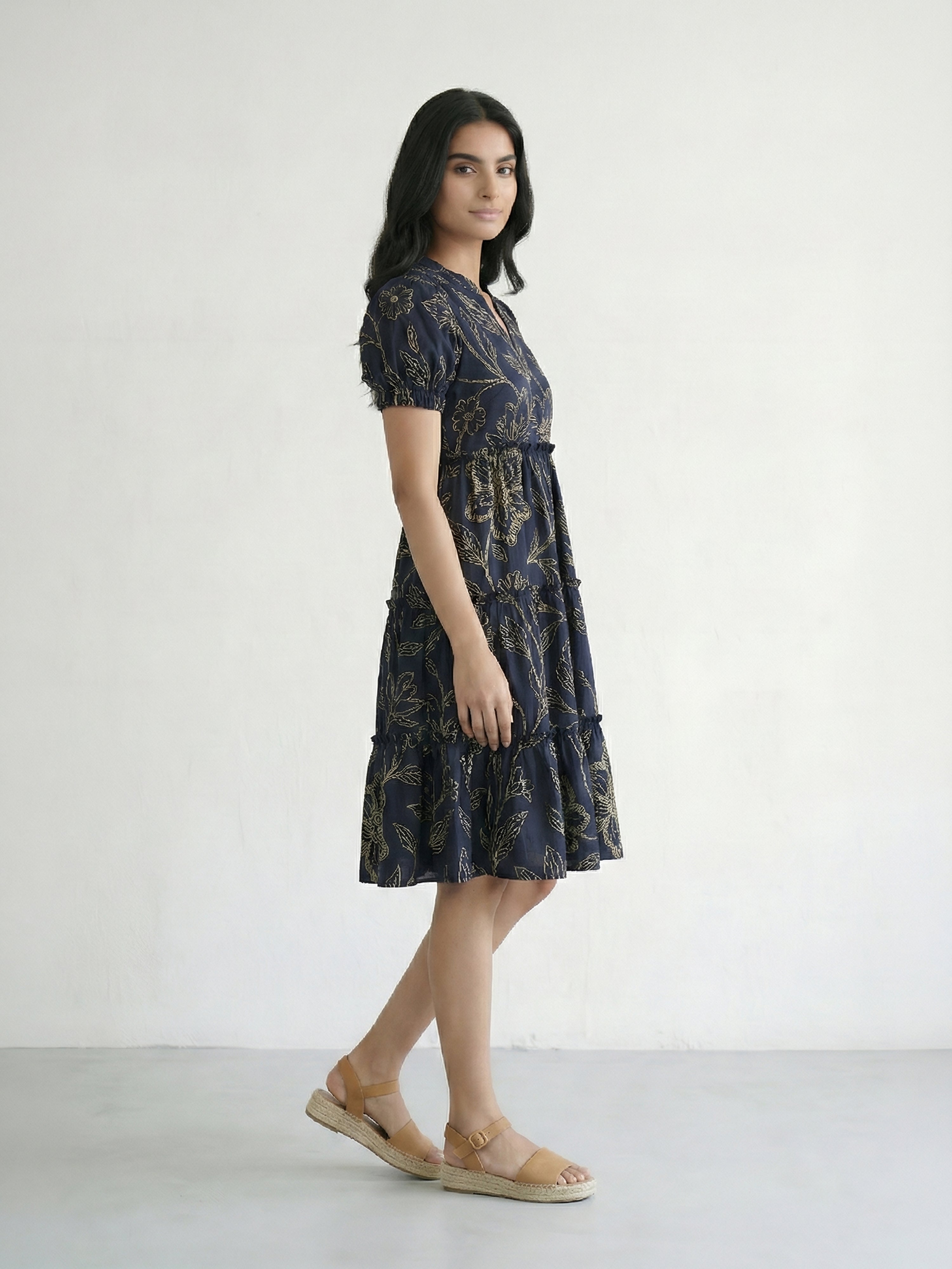 Navy Blue Cotton Collar Neck Half Sleeve Dresses For Female