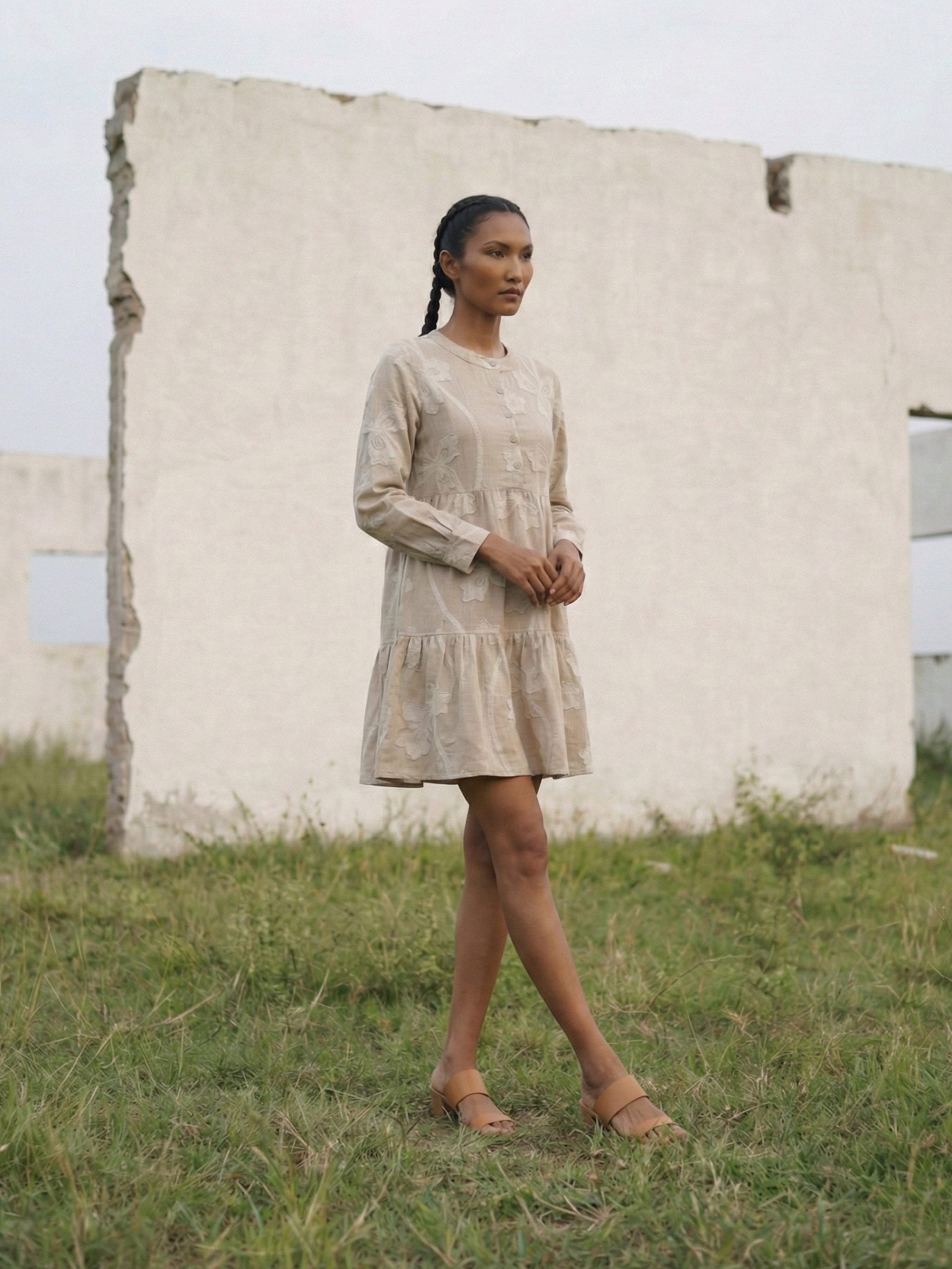 Beige Imp Round Three Fourth Dresses For Female