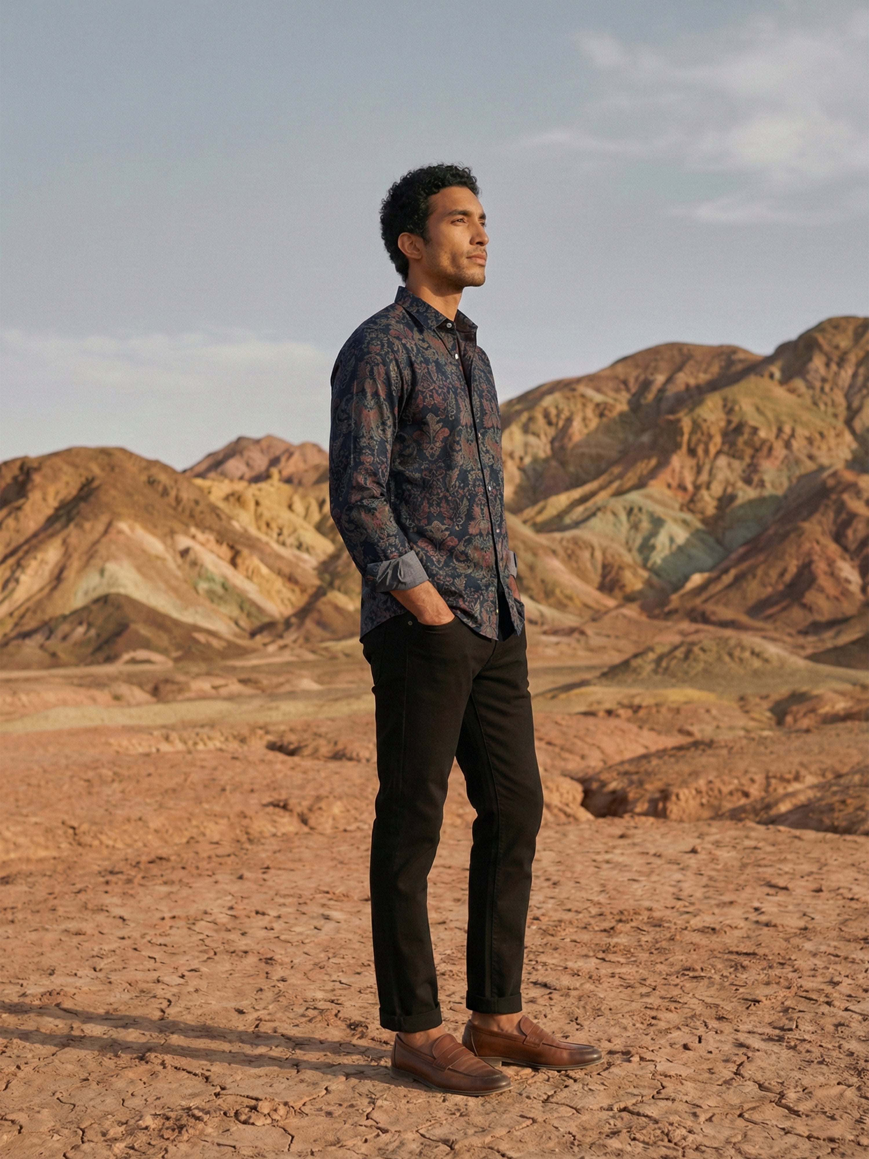 Navy  Milanj Semi Formal Print Semi Cut Away Collar Full Sleeves Shirt For Male