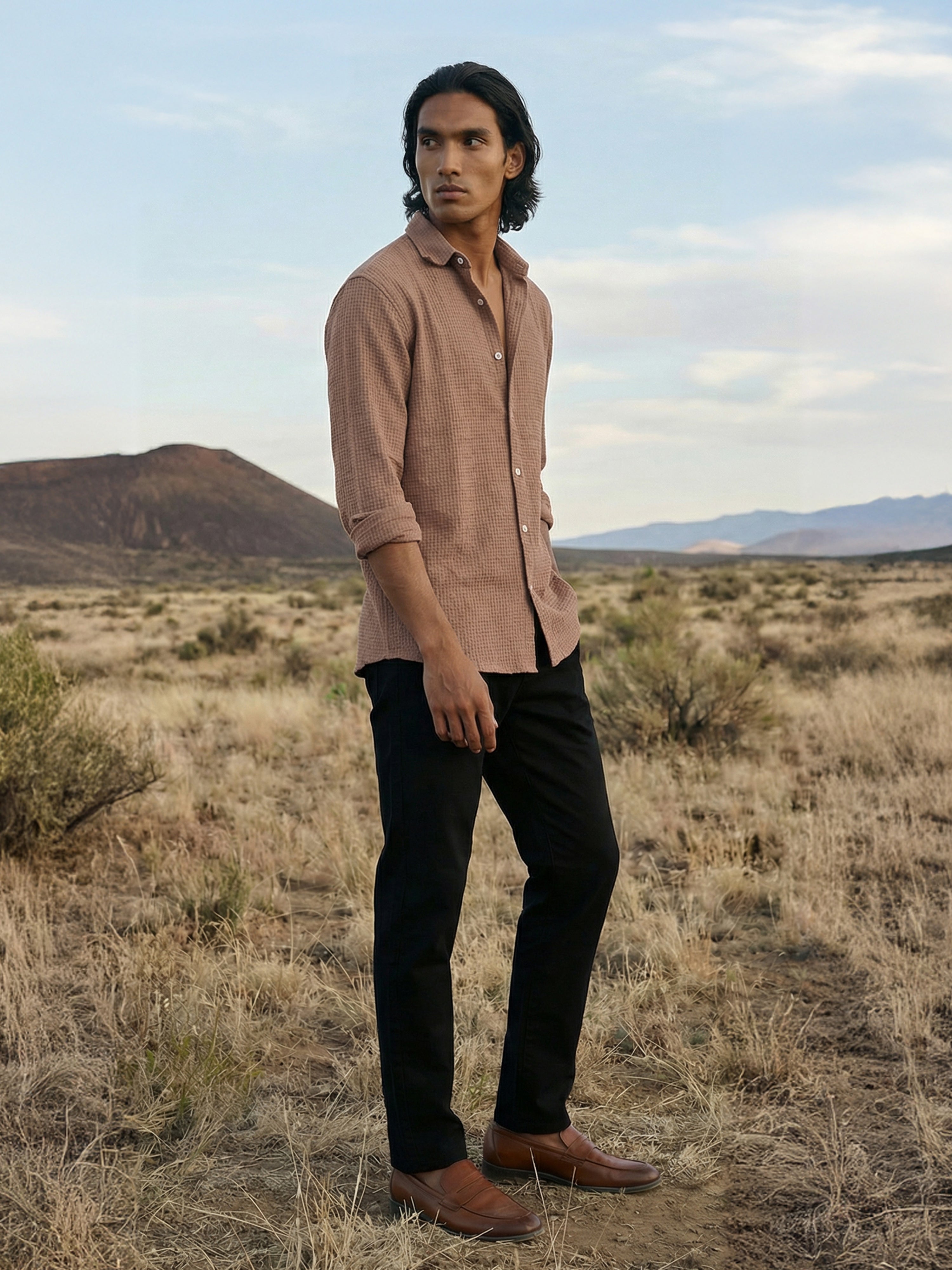 Burnt Orange Marvel Cotton Blend Semi Cut Away Collar Full Sleeves Shirt For Male