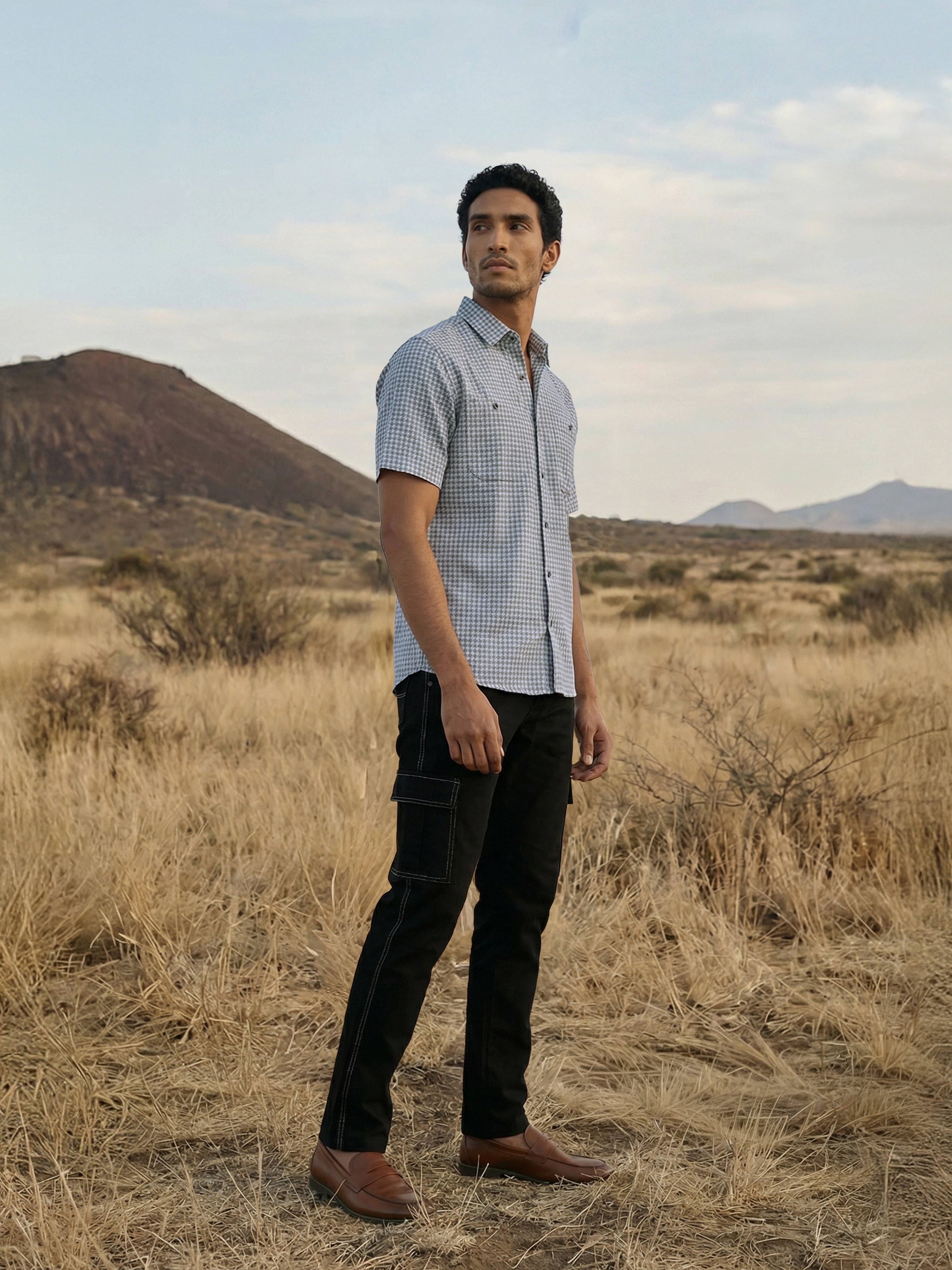 Blue Polyster Cotton Regular Collar Half Shirt For Male