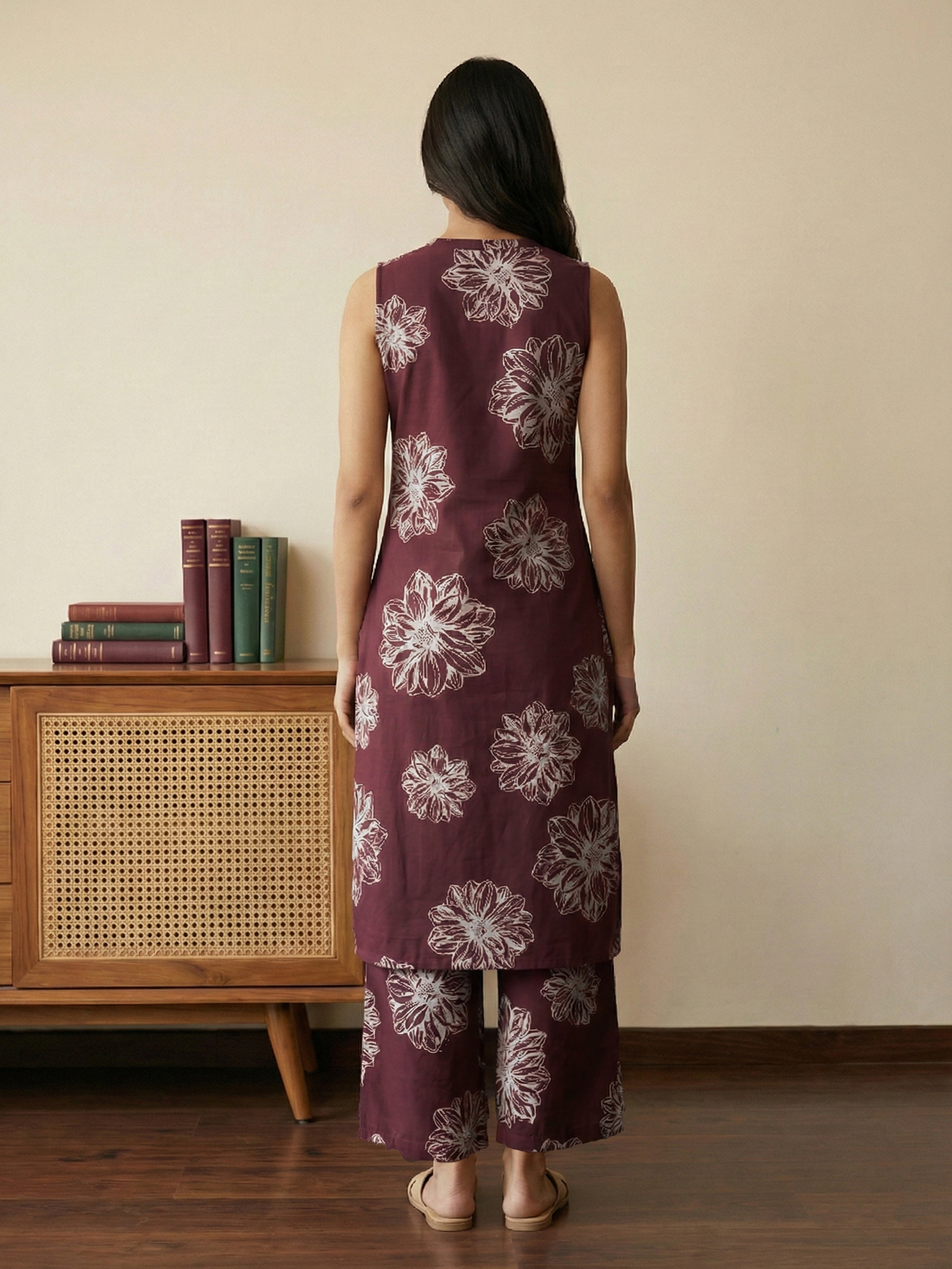 Wine Cotton Halter Neck Sleeveless Kurti Set For Female