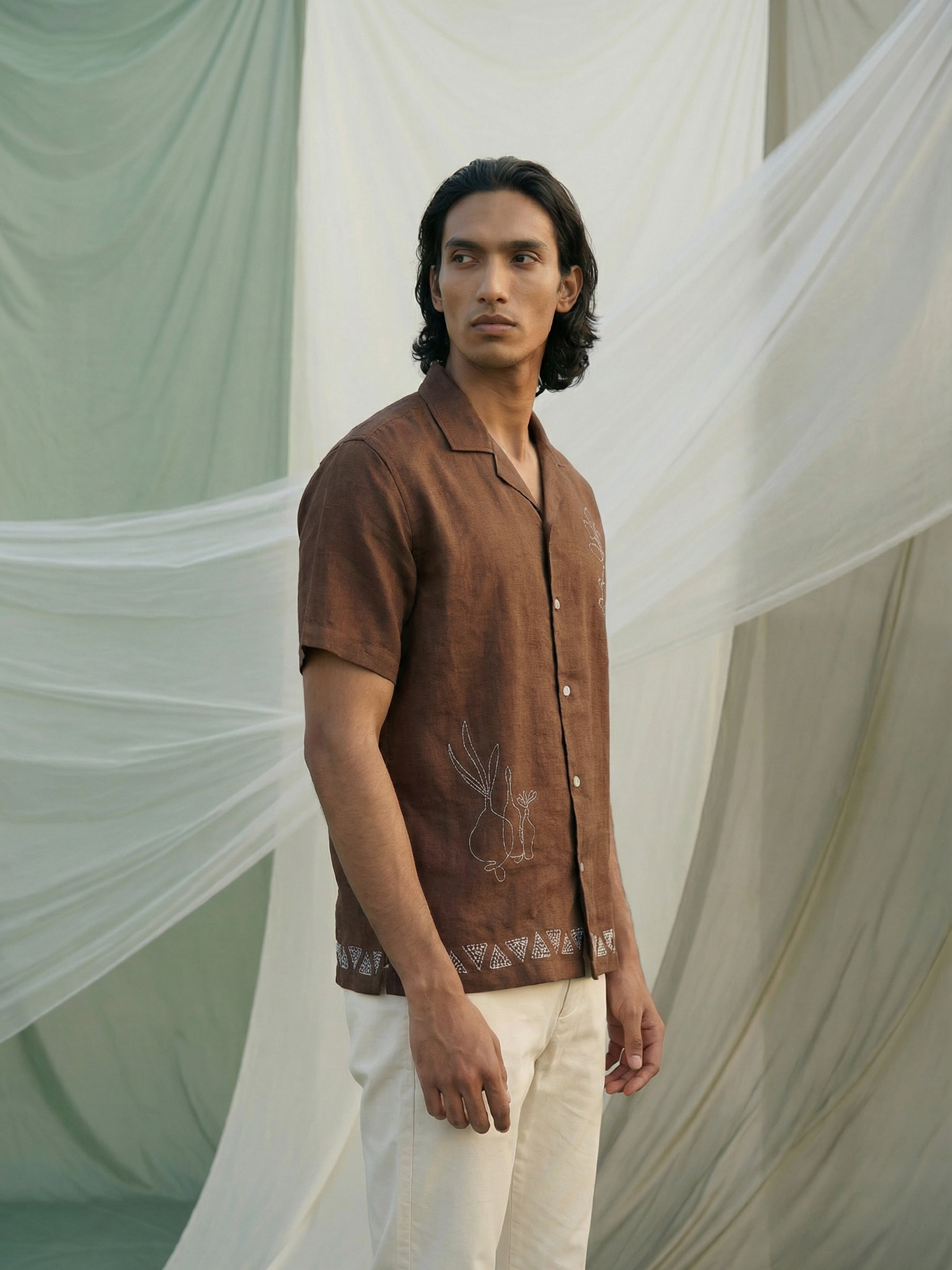 Brown  Double Tree Linen Cuban Collar Half Sleeves Shirt For Male