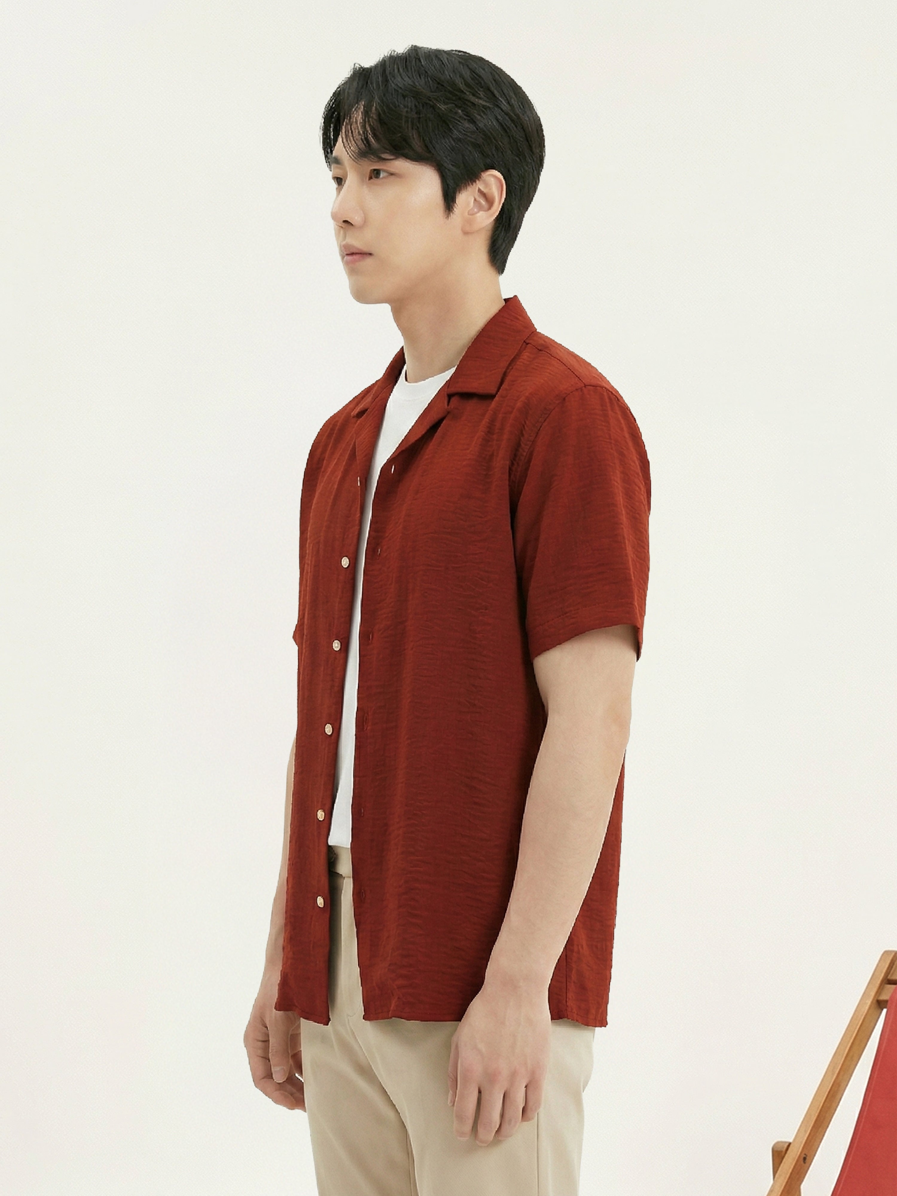 Brick Red Cuban Collar Half Sleeves Mens Shirt