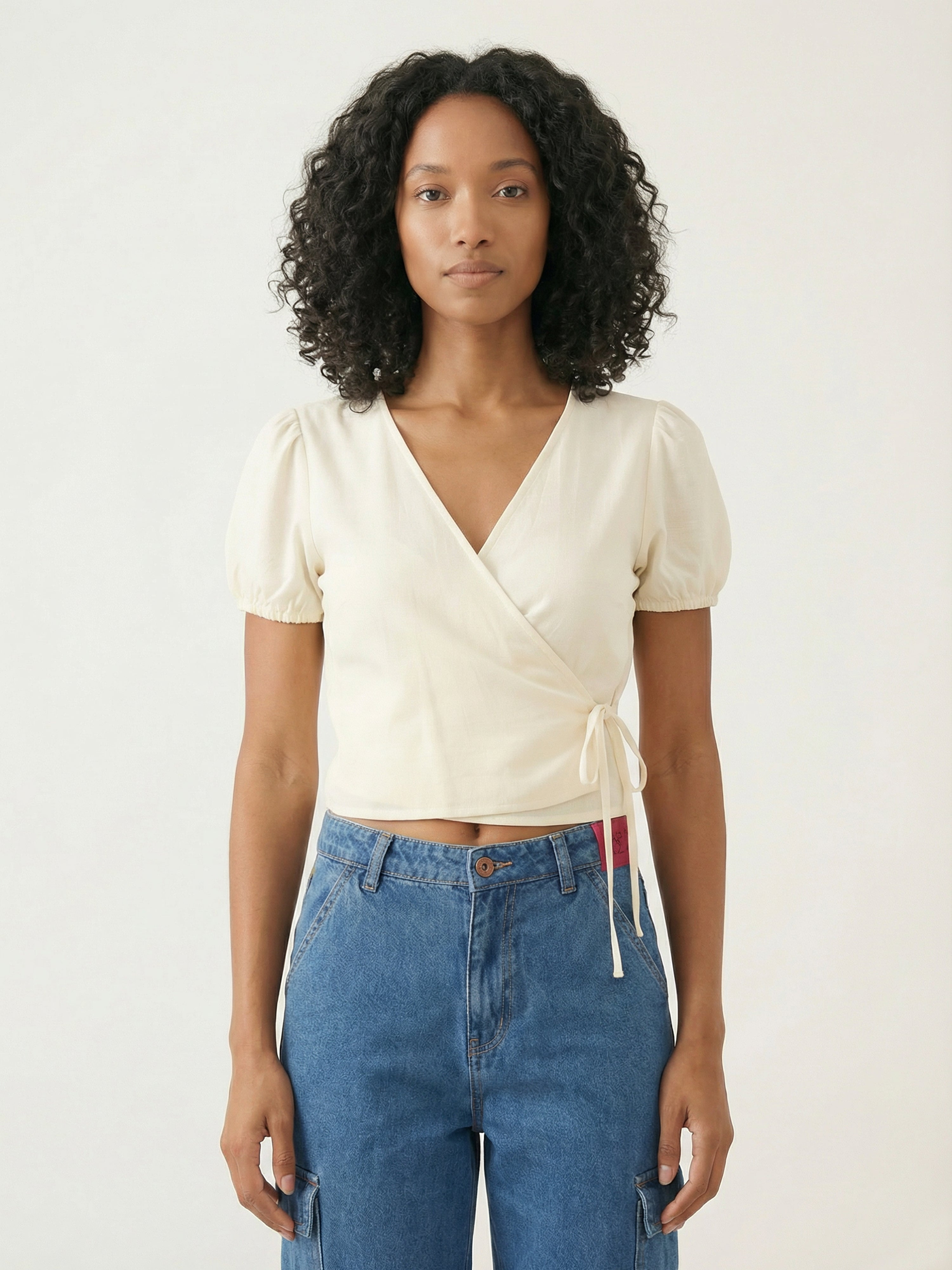 Women's Off White Linen Classic Top with Overlap Neck
