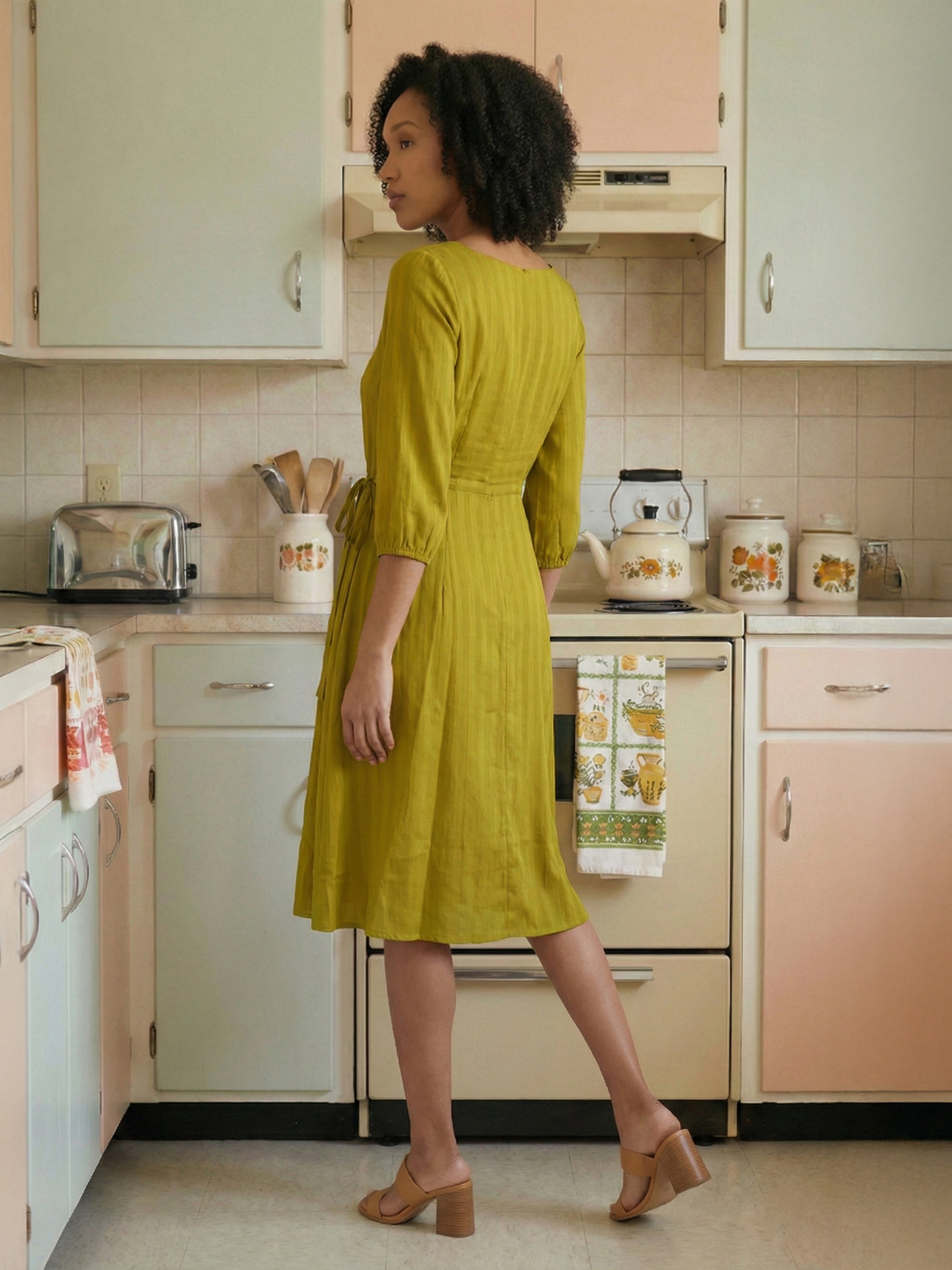 Women's Mustard Satin Dresses with Square Neck Neck