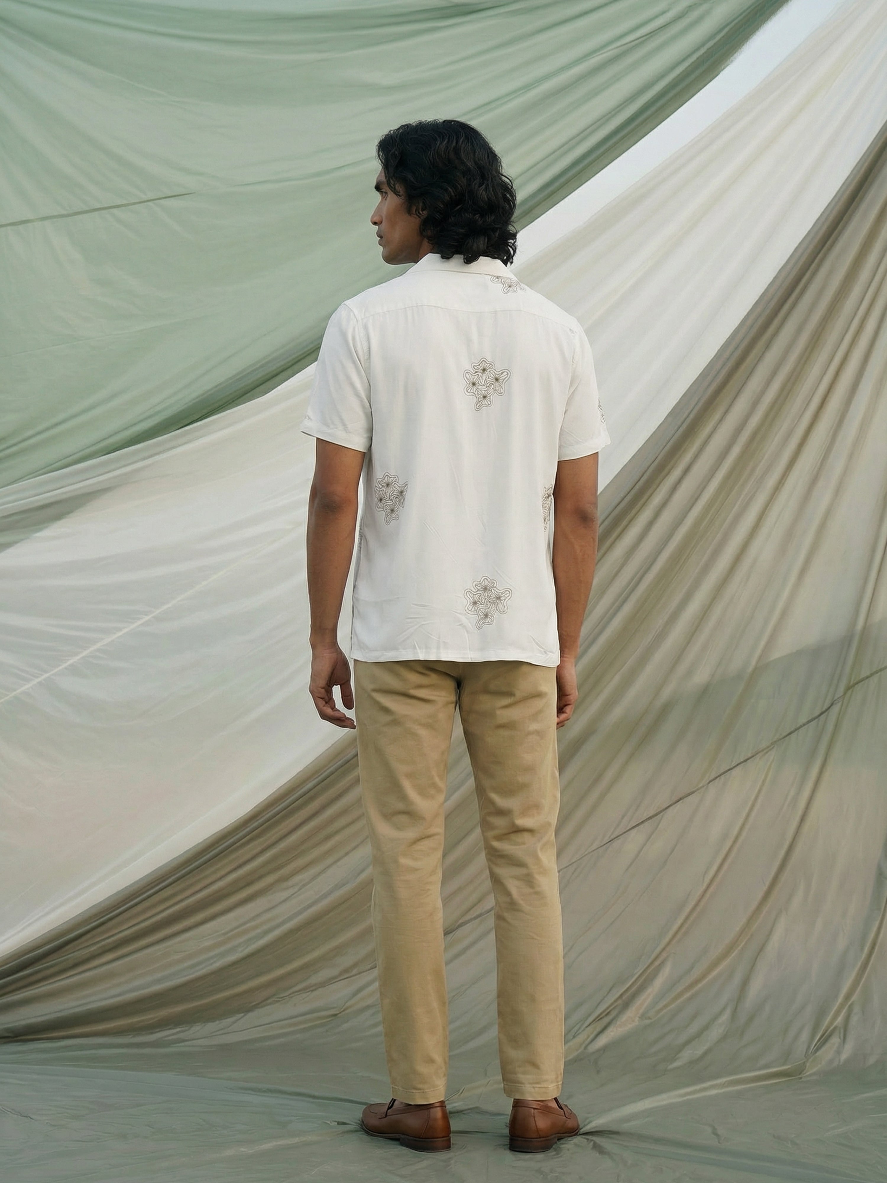 Off White Premium Imported Embroidery Fabric Shirt