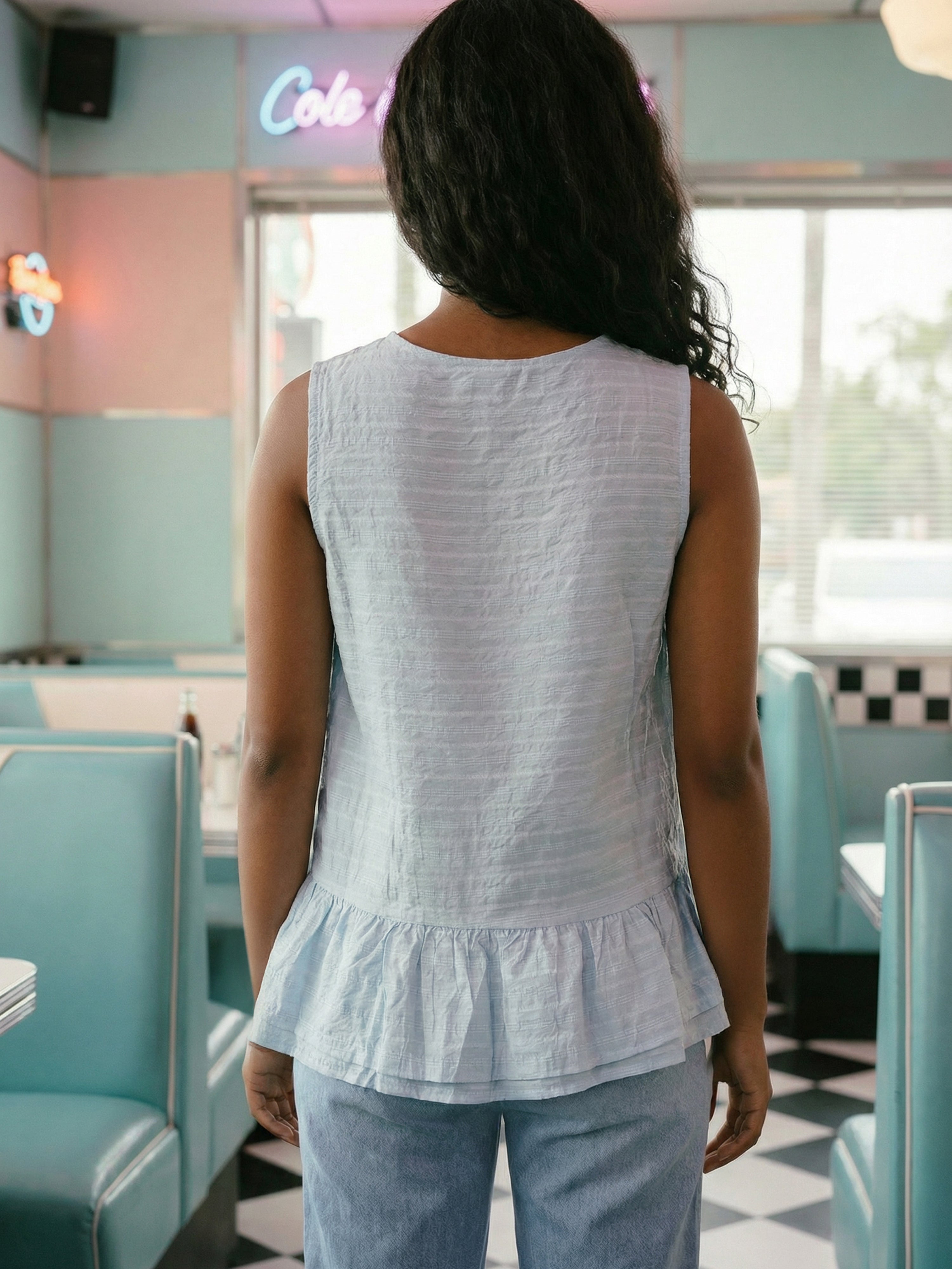 Women's Blue Nylon Viscose Viscos Top with Round Neck Neck