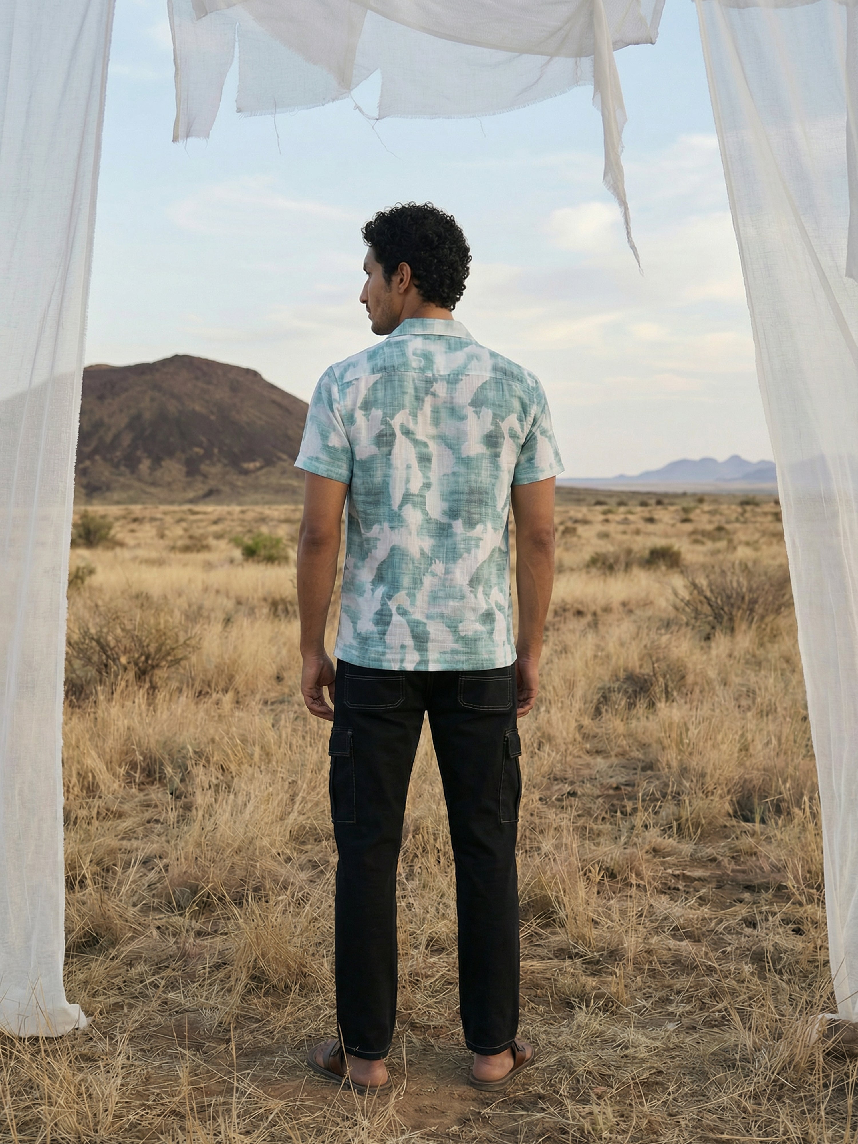 Green  Blend Cuban Collar Half Sleeves Shirt For Male