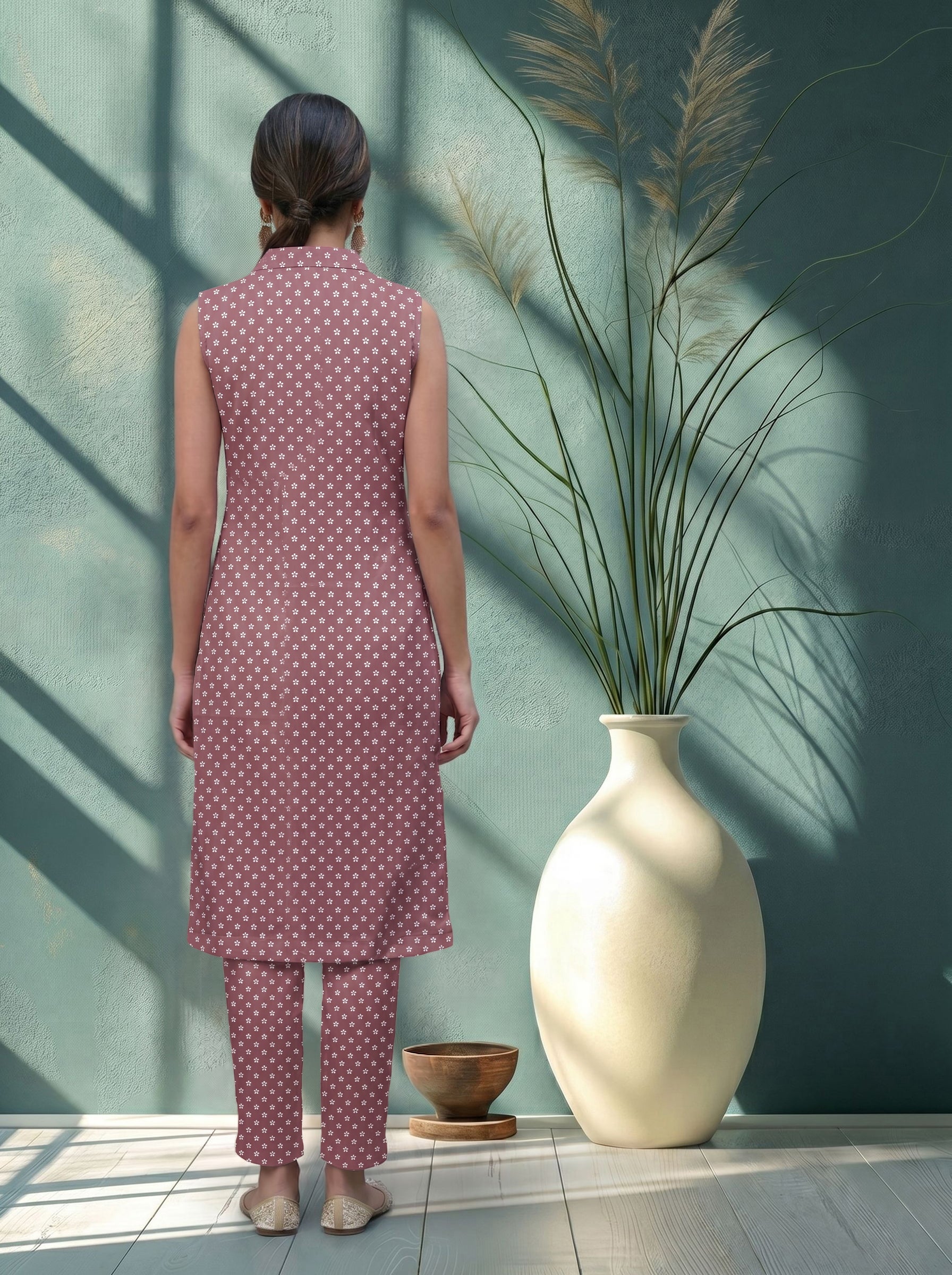 Women's Cotton Pink Regular Fit  Sleeveless Kurti Set